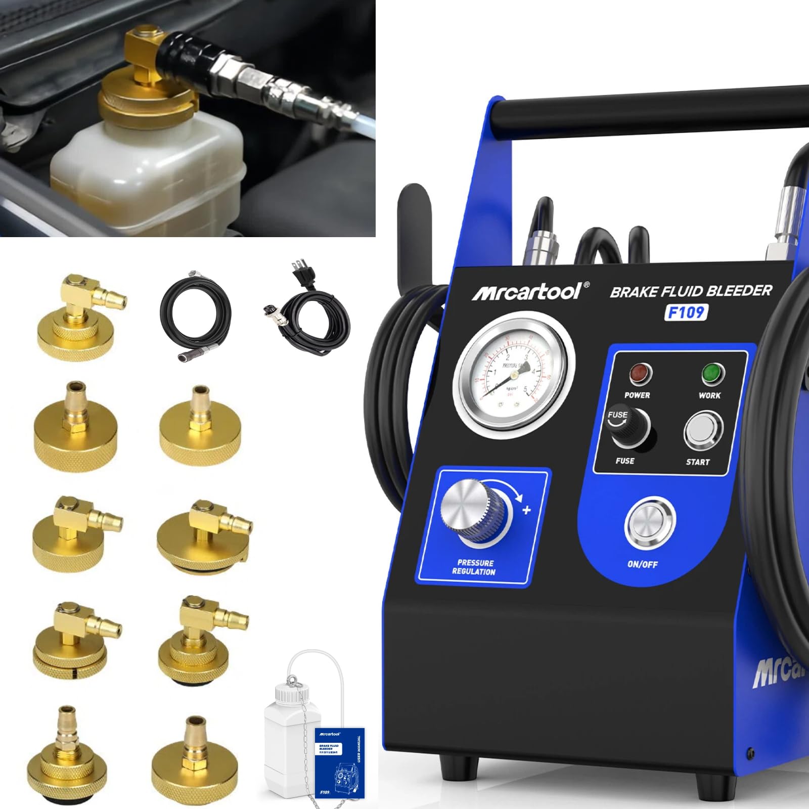 PLAYOCCAR Kit de purgado de Frenos automático, purgador de líquido de Frenos eléctrico 220V, operación por una Sola Persona, llenado sin Aire, Control preciso de presión, 9 adaptadores.