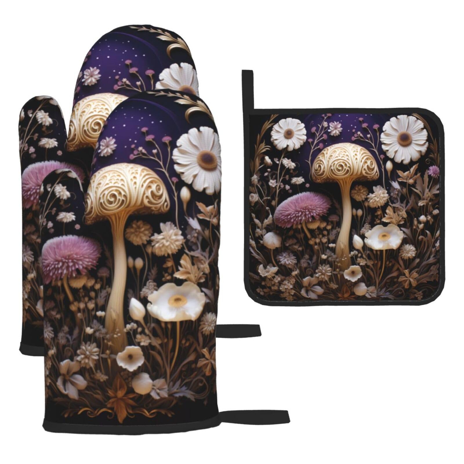White Mushrooms and Flowers Oven mittens and oven mitts three-piece set suitable for oven, grilling, baking, microwave and home cooking.