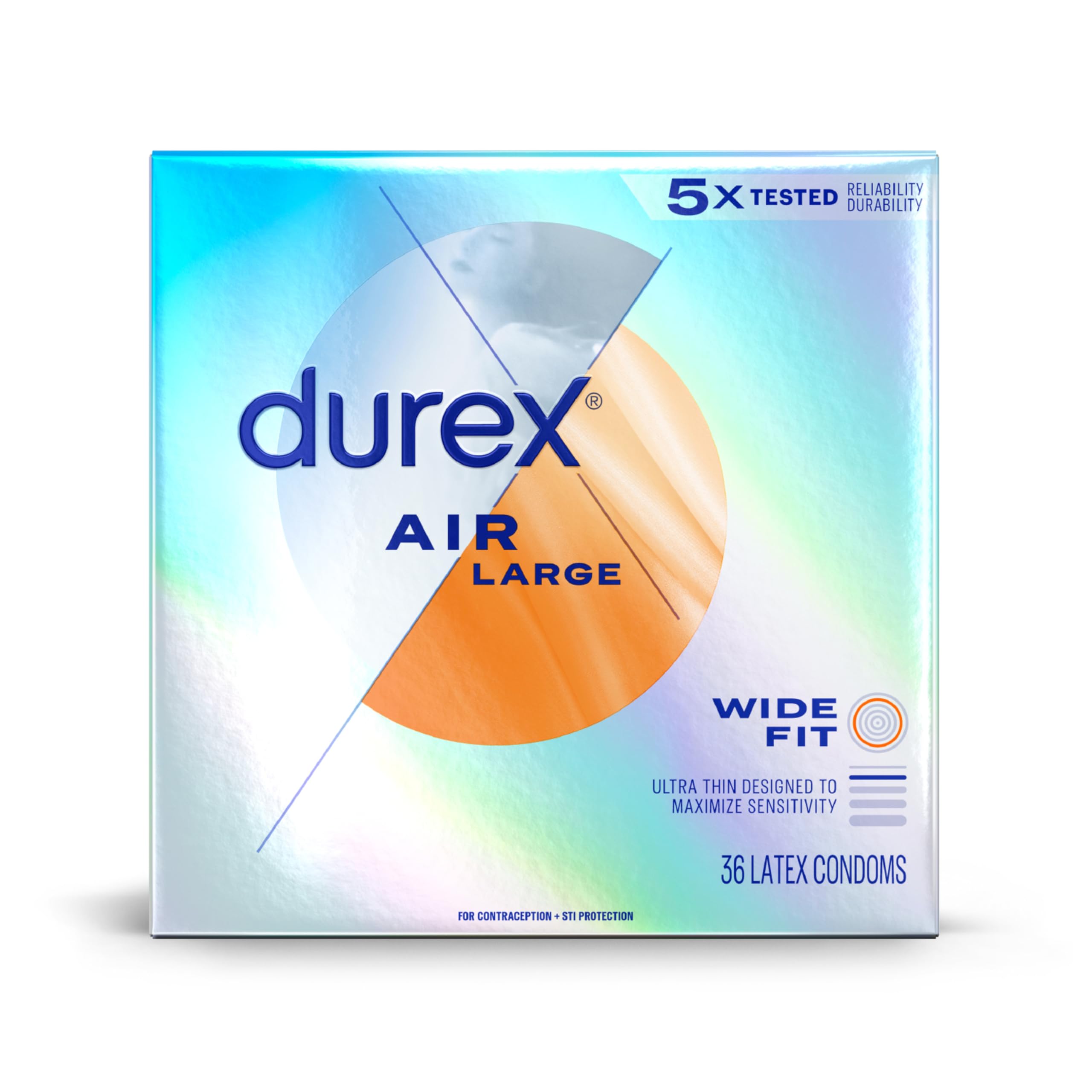 Durex Air Condoms, Extra Thin, Transparent Natural Rubber Latex Condoms for Men, Wide Fit, FSA & HSA Eligible, 36 Count Wide Fit 1 Count (Pack of 36)