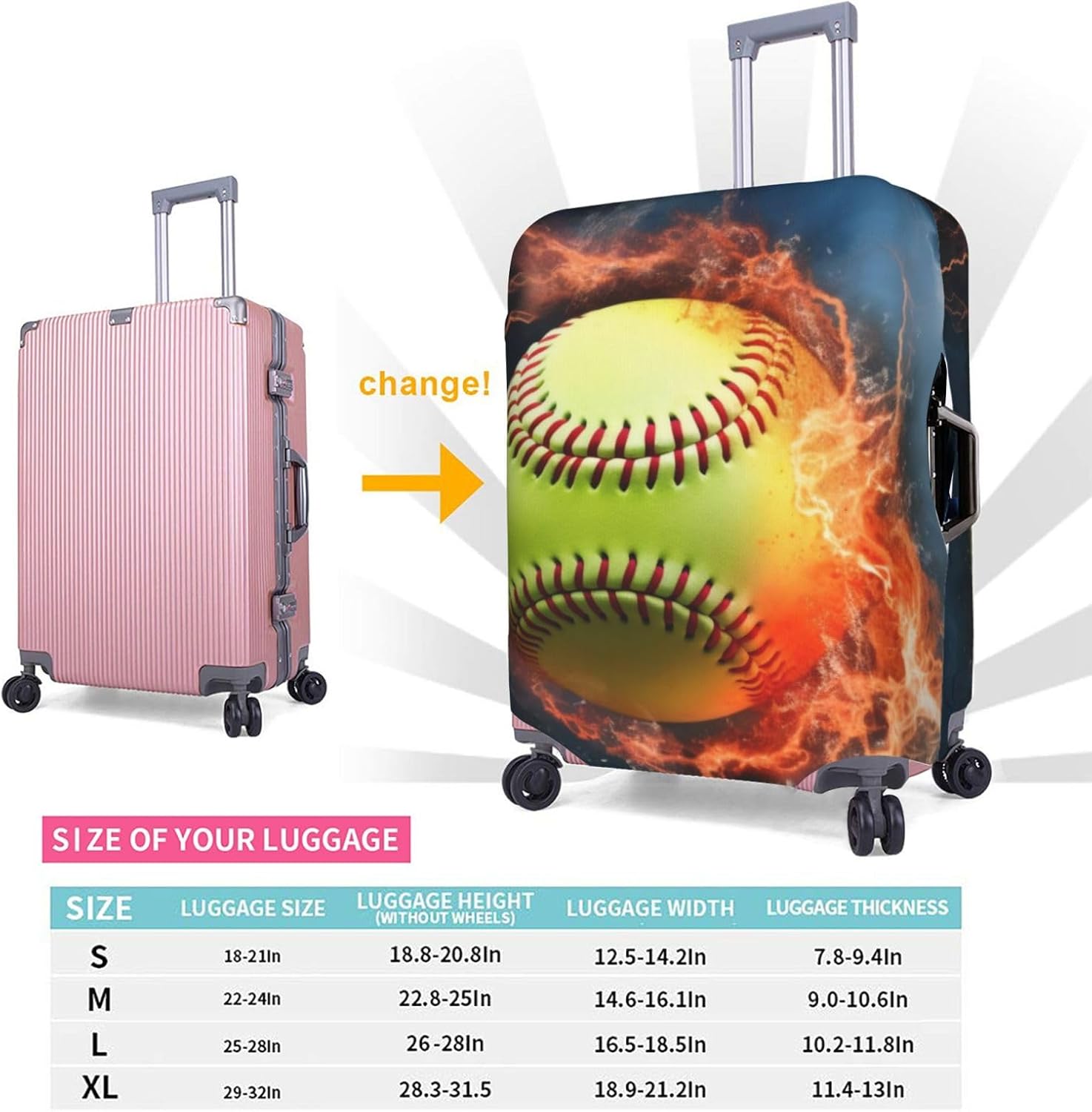 Suitcase Cover Cute Orange Softball Baseball On Fire And Watertravel Luggage Cover Suitcase Protector Covers With Zip Washable For18in-32in Luggage, Small, 11437