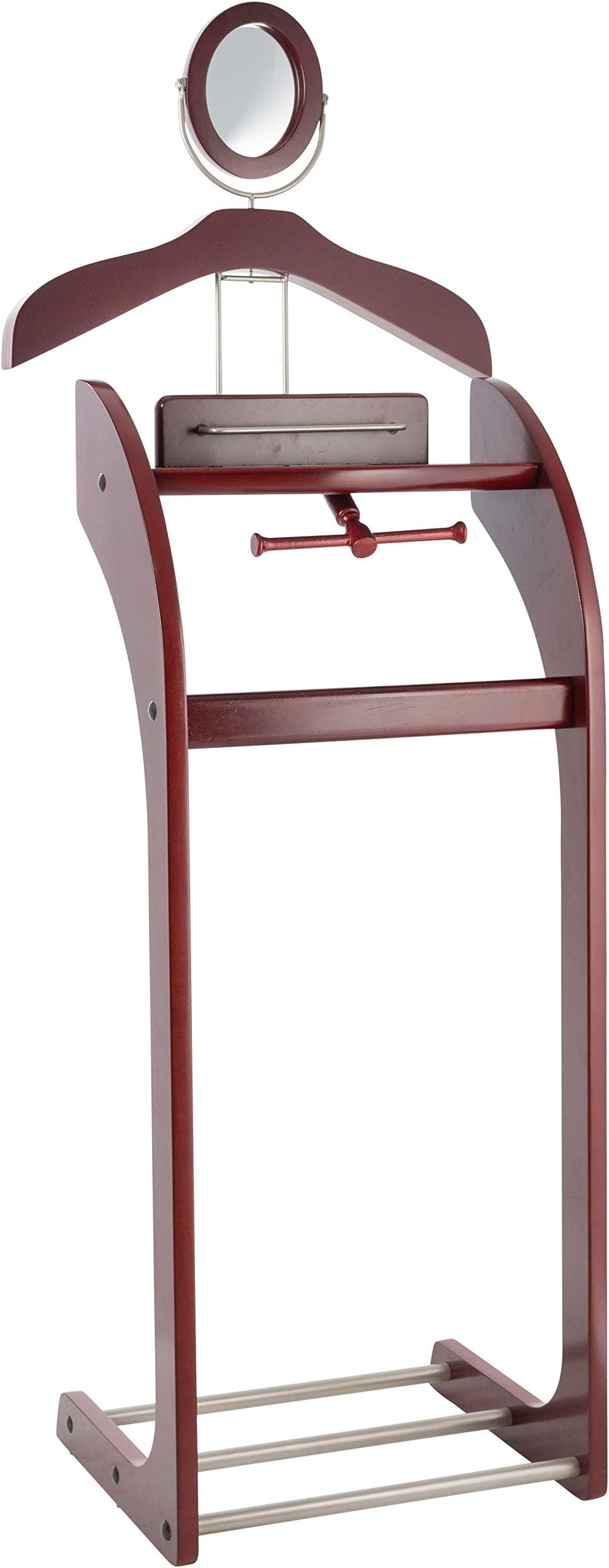 Clothes Valet Stand for Men with Mirror – Beautiful Solid Hardwood Suit Hanging System with Trouser Bar, Jacket Hanger, Tray Organizer, Tie & Belt Hook and Shoe Rack, Mahogany