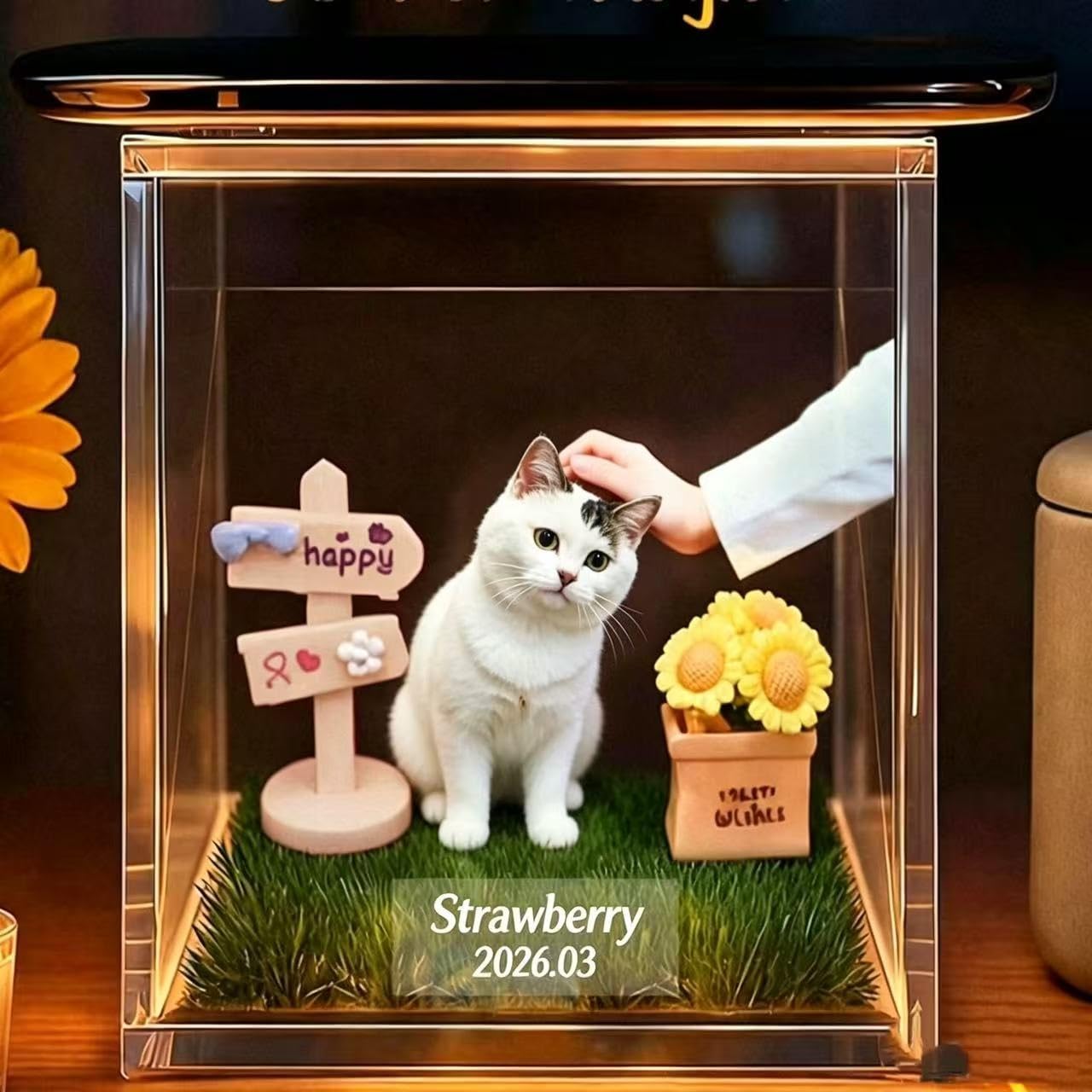 Caja conmemorativa para mascotas con pantalla acrílica de alta transmitancia y 3D