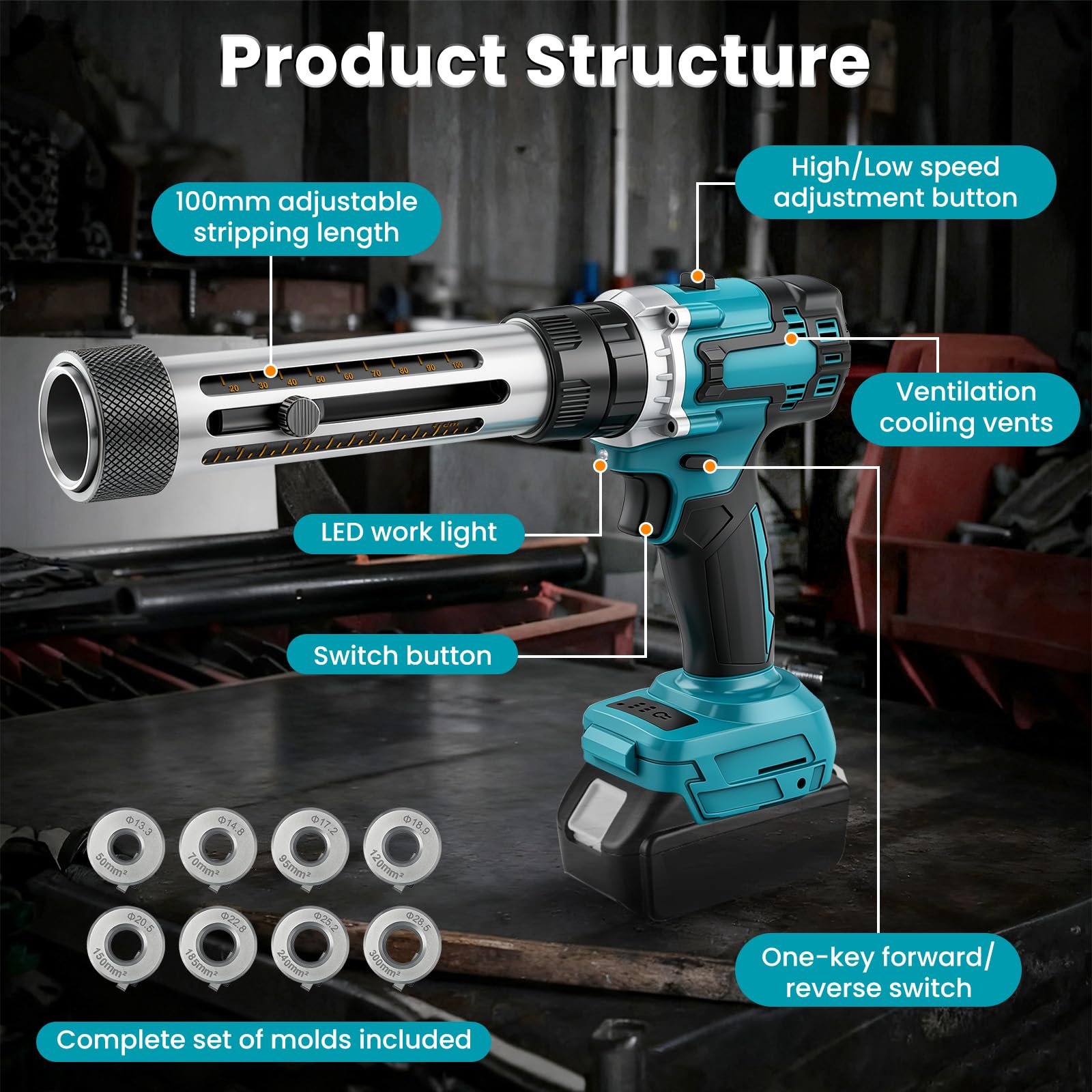 Macchina Spellacavi Elettrica Compatibile con Makita 18V (Batteria Non Inclusa), Spellafili Automatico per Cavi in Rame da 50-300 mm², Utensile Portatile per Recupero e Lavorazione Cavi