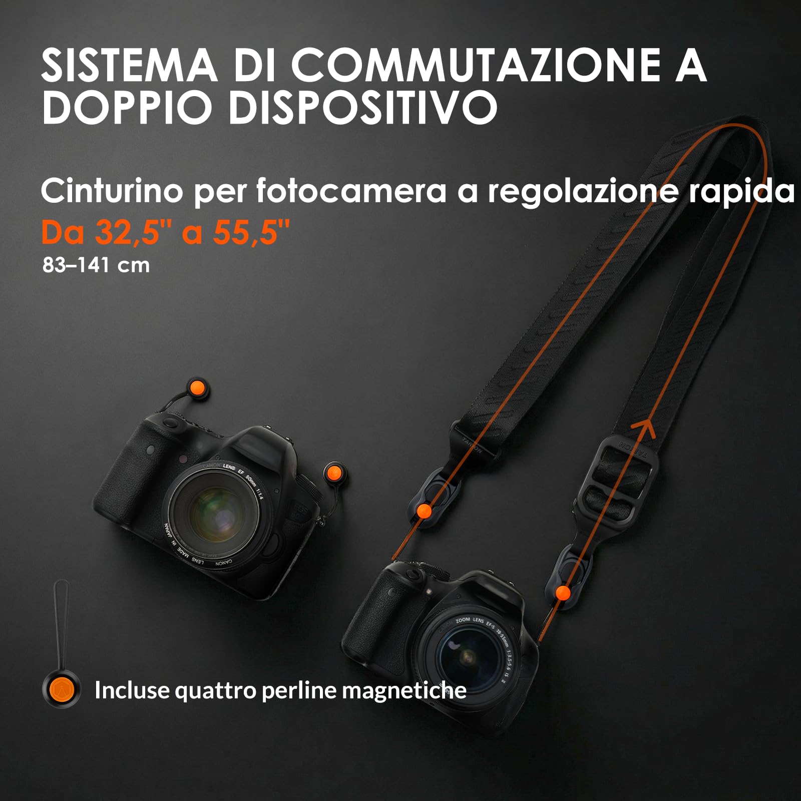 TARION Tracolla per Fotocamera a Sgancio Rapido – Tracolla Magnetica per DSLR – Regolazione Rapida della Lunghezza 83-141cm – 50kg Ancoraggi di Sicurezza in Corda Dyneema ad Alta Portata – Magislide