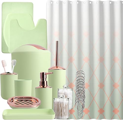 Miniatura 22 de Juego de 25 piezas de accesorios de baño negro y dorado, cortina de ducha y alfombras, basura, cepillo de inodoro, dispensador de jabón, jabonera,