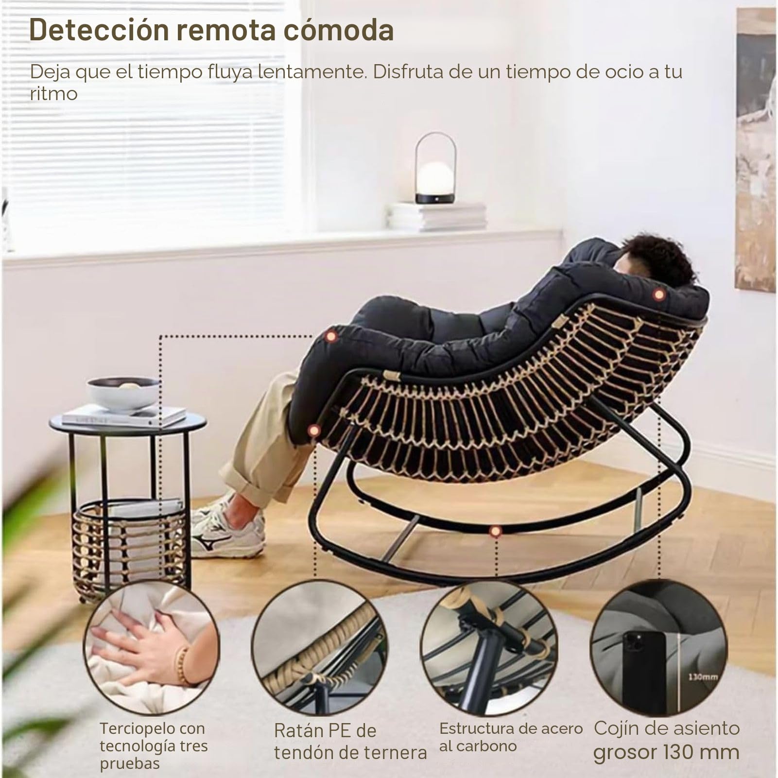 Silla mecedora Papasan para patio al aire libre con cojín acolchado, silla de mimbre de ratán grande para interiores, mecedoro de metal moderno