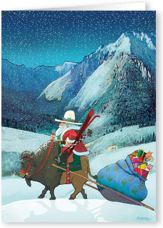 Stonehouse Collection - Buffalo Christmas Haul - Christmas Card- 18 Boxed Cards and Envelopes - Cowboy Santa - USA Made
