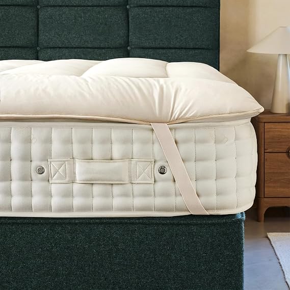 Woolroom Organic Mattress Topper Double Bed 5-7 cm - 1300gsm Certified Hypoallergenic British Wool 300tc Organic Cotton Bed Bug Resistant Luxurious Extra Comfort