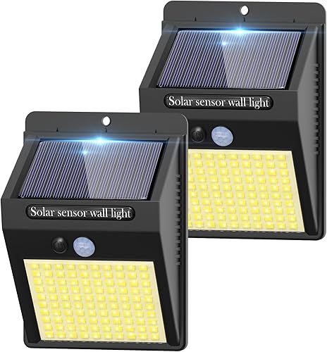 Paquete de 2 luces solares de movimiento para exteriores, 3 modos100 luces LED de seguridad solares inalámbricas IP65, impermeables, luces solares