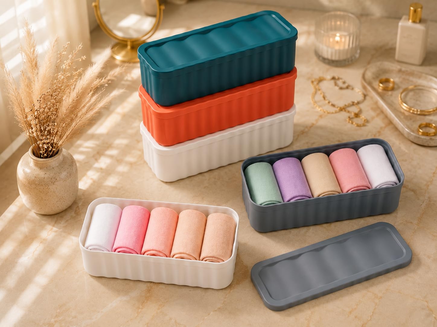 Leawall Wardrobe Storage Box Set of 4 with Lid | Drawer Organiser for Clothes, Underwear, Socks, Bras, Ties & Scarves | Closet Storage Organizer & Clothes Storage Box-image-42