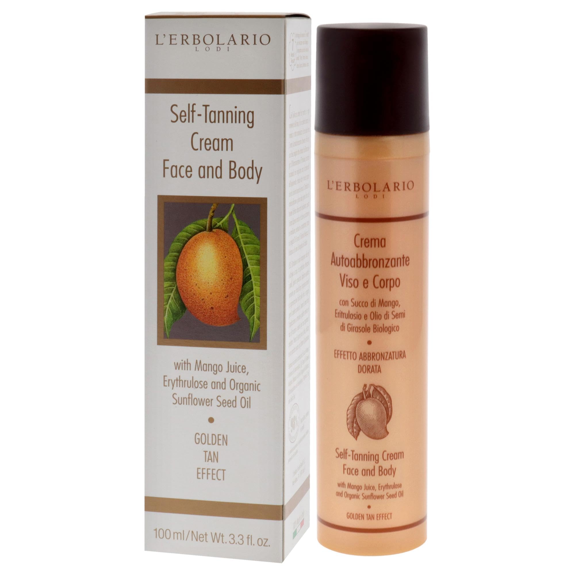 L'Erbolario Crema Autoabbronzante Viso e Corpo - Succo di Mango, Ritrulosio e Olio di Semi di Girasole Biologico - Abbronzatura Dorata - Sistema AIRLESS - Made in Italy - 1 Confezione da 100ml