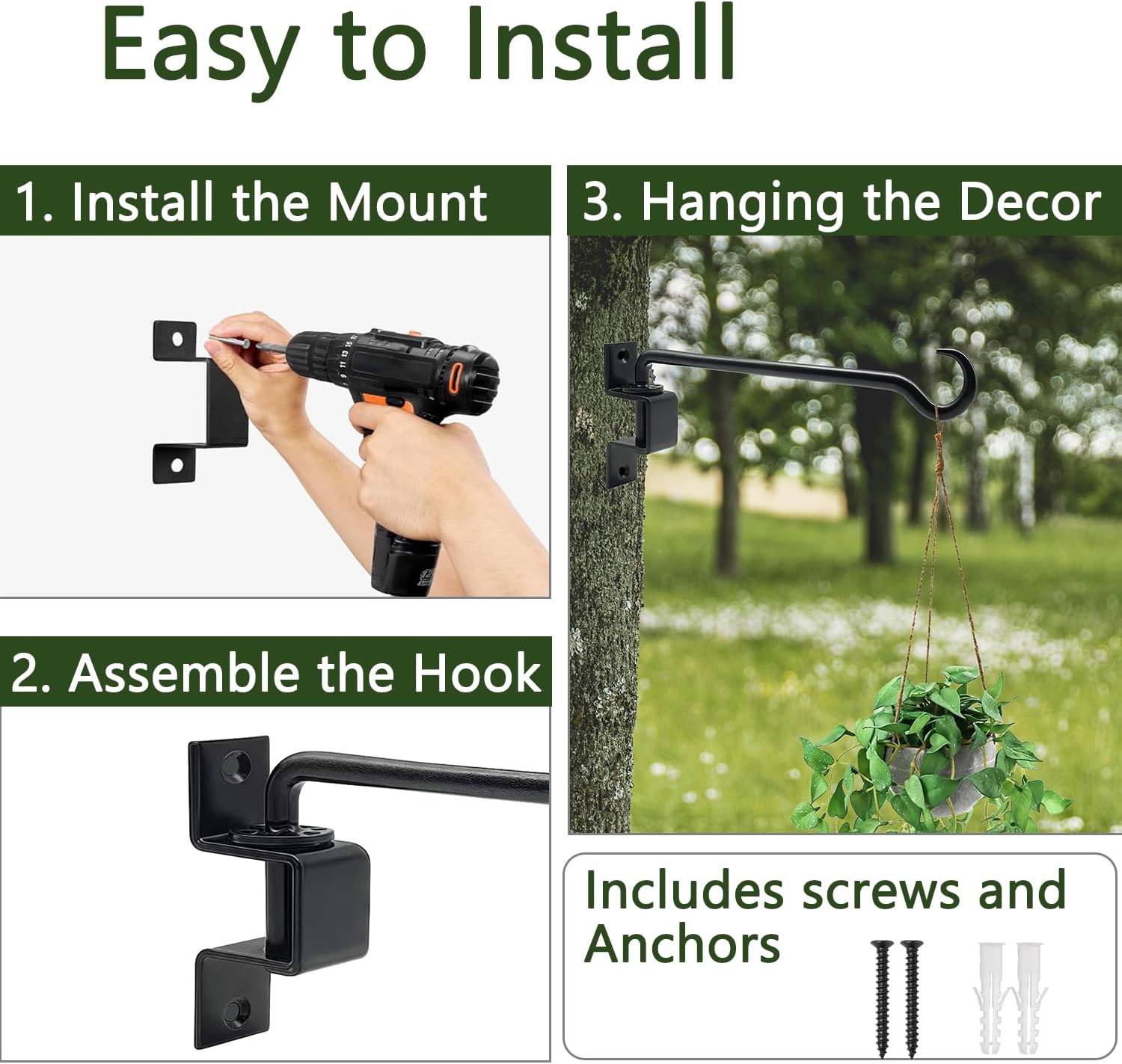 12 Inch Metal Hanging Plant Holder, 2 Pack Swivel Plant Hangers Outdoor Heavy Duty, Plant Wall Hanger, Plant Hanger Bracket, Outside Plant Hook for Hanging Flower Baskets, Black