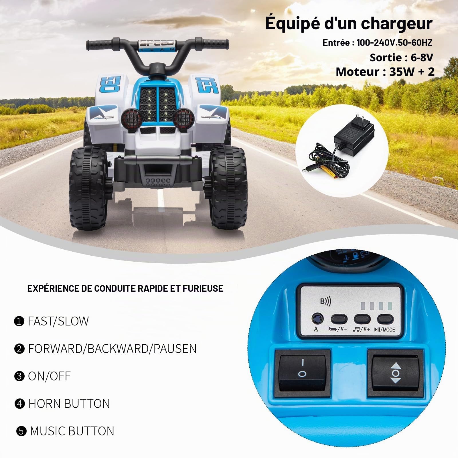 Garvee Quad Électrique Enfant 6V, Voiture Électrique pour Enfants avec LED Et Musique, 1,8 km/h avec Klaxon, Démarrage par Un Bouton, Longue Autonomie, ATV pour Enfants 3+ Ans