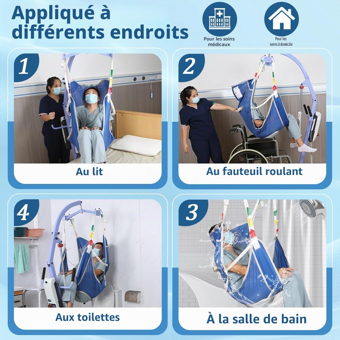 Harnais pour Lève-Personne with Grande Ouverture Accès-Toilette Rapide & Dignité Préservée,Charge 226kg,Confort Lavable 80°C (Bleu-Grande)