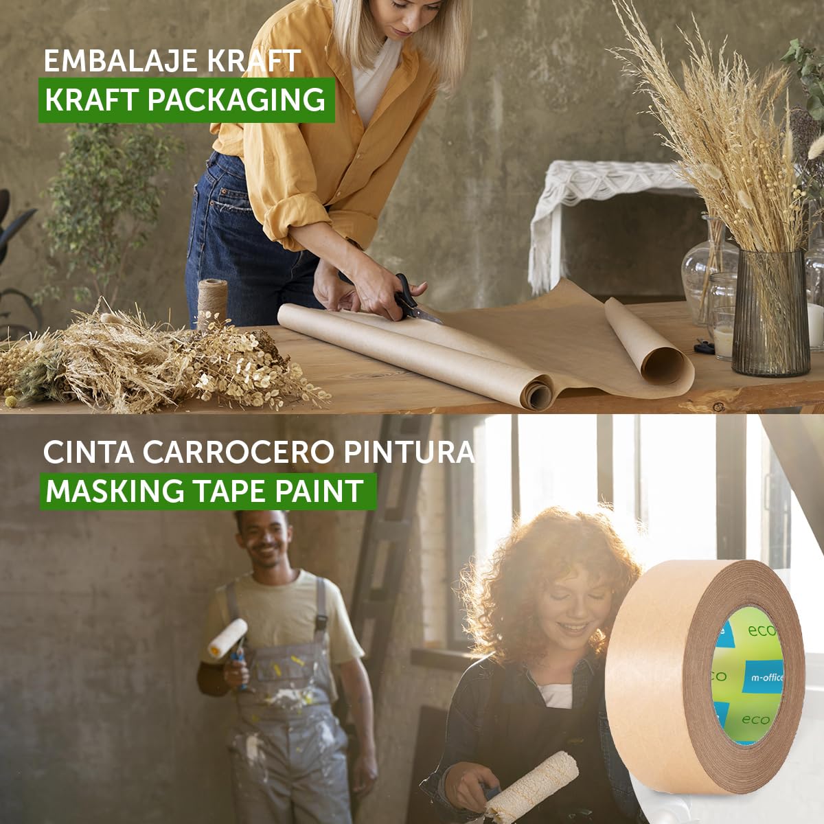 m-office Cinta Adhesiva Papel Kraft, Cinta de Embalar Adhesiva para Embalaje de Cajas, Envíos, Mudanzas y Manualidades, Cinta de Papel Embalaje, Cinta Marrón Papel Kraft (1 ud, 50mmx50m)