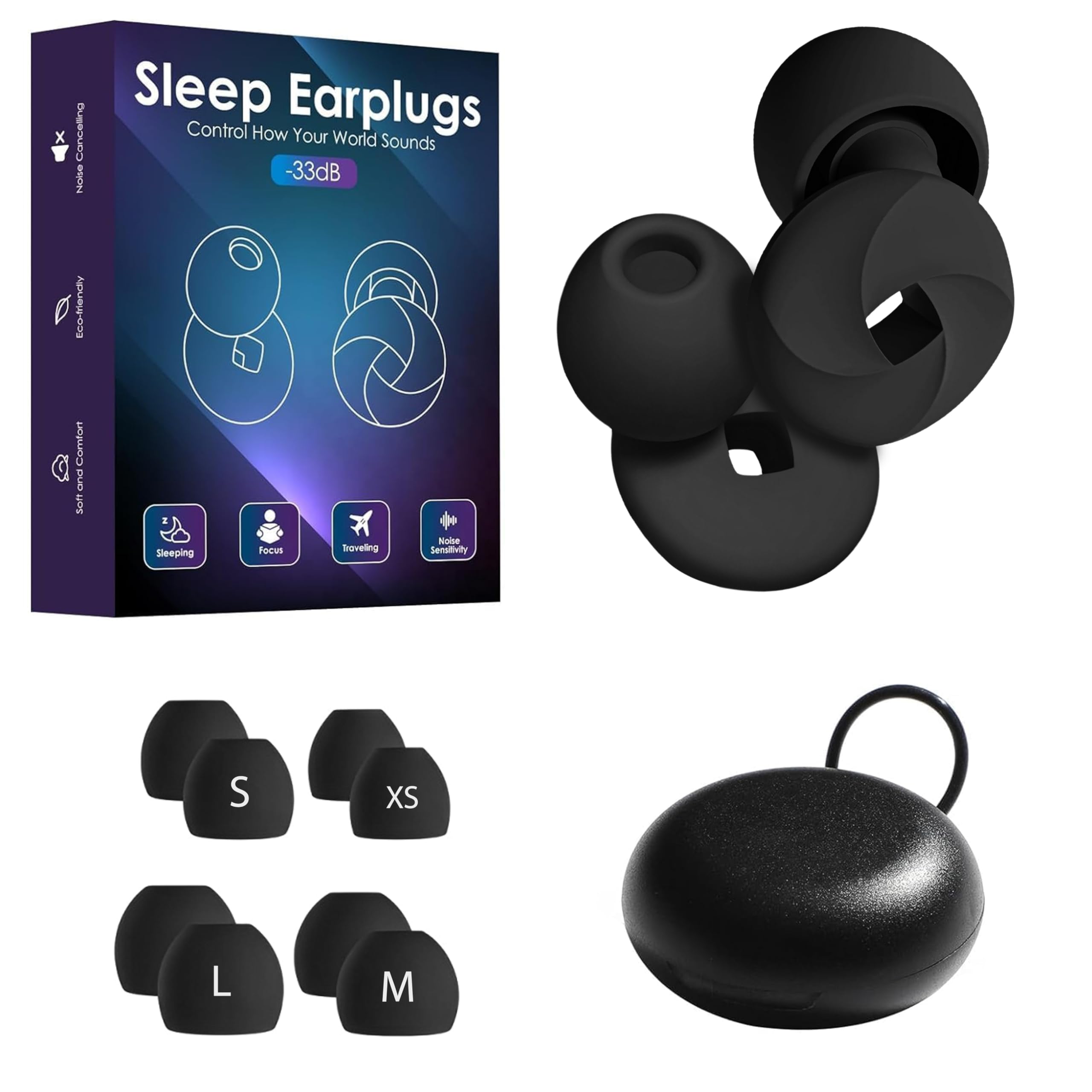 DRAWERKITCH Ear Plugs for Sleeping, Noise Cancelling, Swimming, Rave, Work, Motorcycle, Sleep Snoring, Airplanes - 2 Pairs with 8 Soft Reusable Silicone Tips in XS/S/M/L - 33dB High-Fidelity (Black)