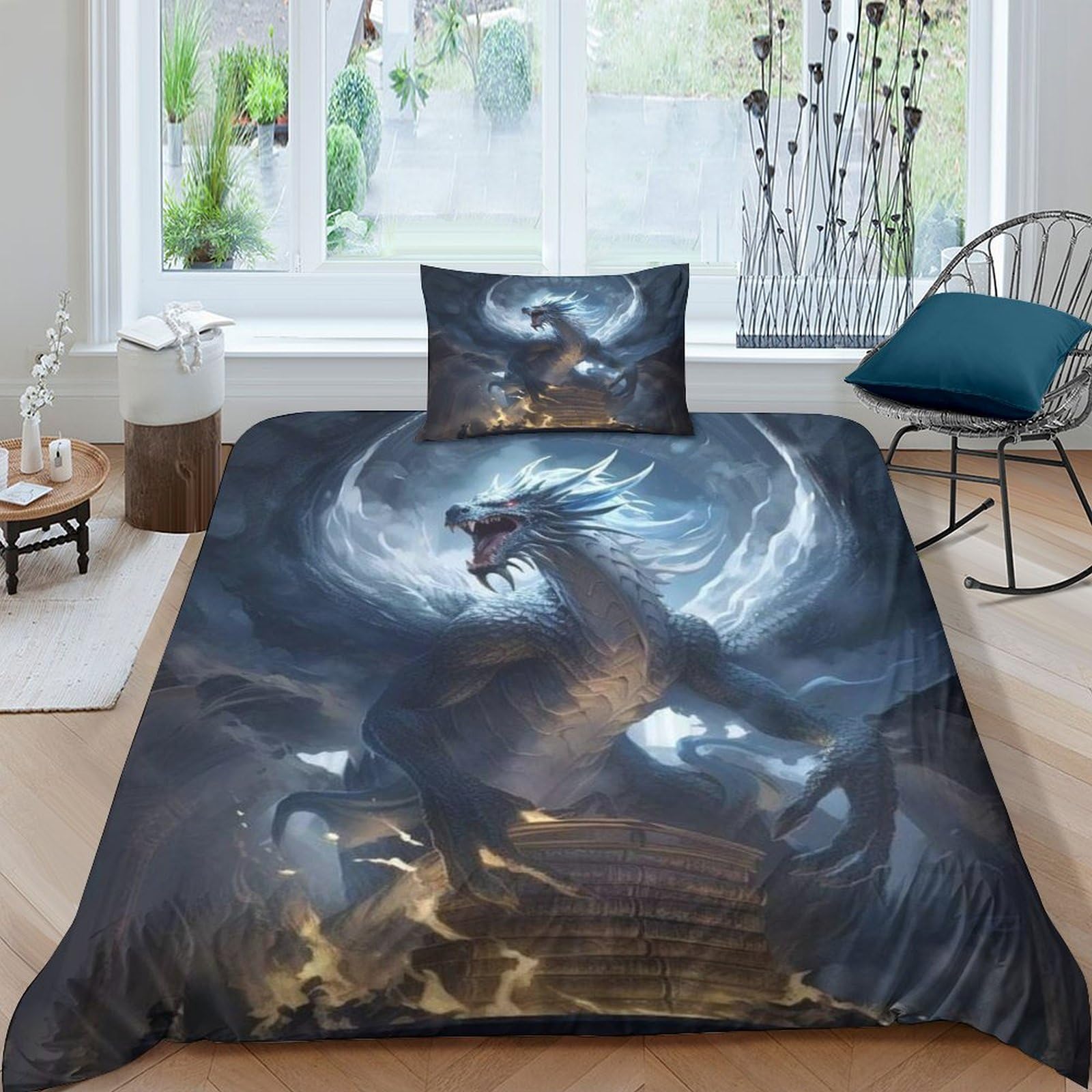 TNFHSOFT Flying Dragon Duvet Cover Set, 3 Piece 3D Print Bedding Set Print Duvet Set Cool Animals Quilt Cover with Pillowcases, Suitable for Boys Girls Teen Adults Single（135x200cm）