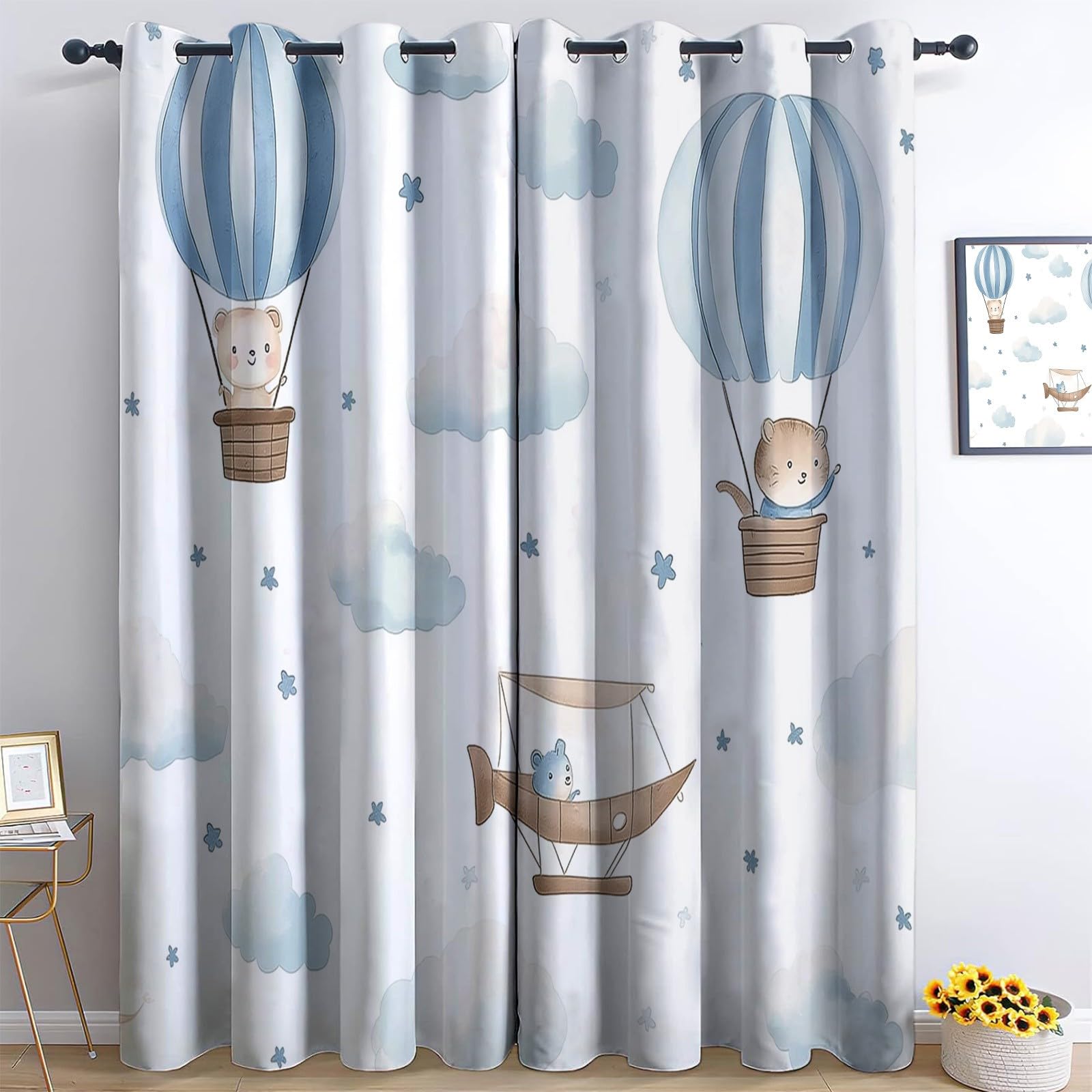 XCQHZYQ Cortinas Opacas 2 Piezas Pintura Acuarela Globo Aerostático Nubes Cortinas Salon Cortinas Termicas aislantes Frio y Calor con Ojales para Cocina Habitacion Infantil Dormitorio2x110x215 cm