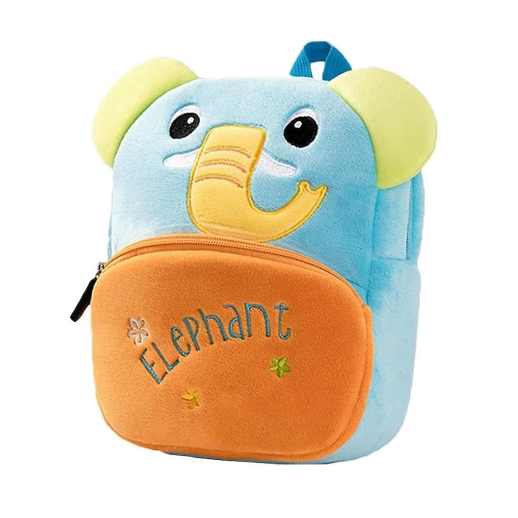 plush elephant toddler bag for kids, soft cartoon mini backpack for baby boys & girls 1-5 years (play school & travel, sky blue/orange)