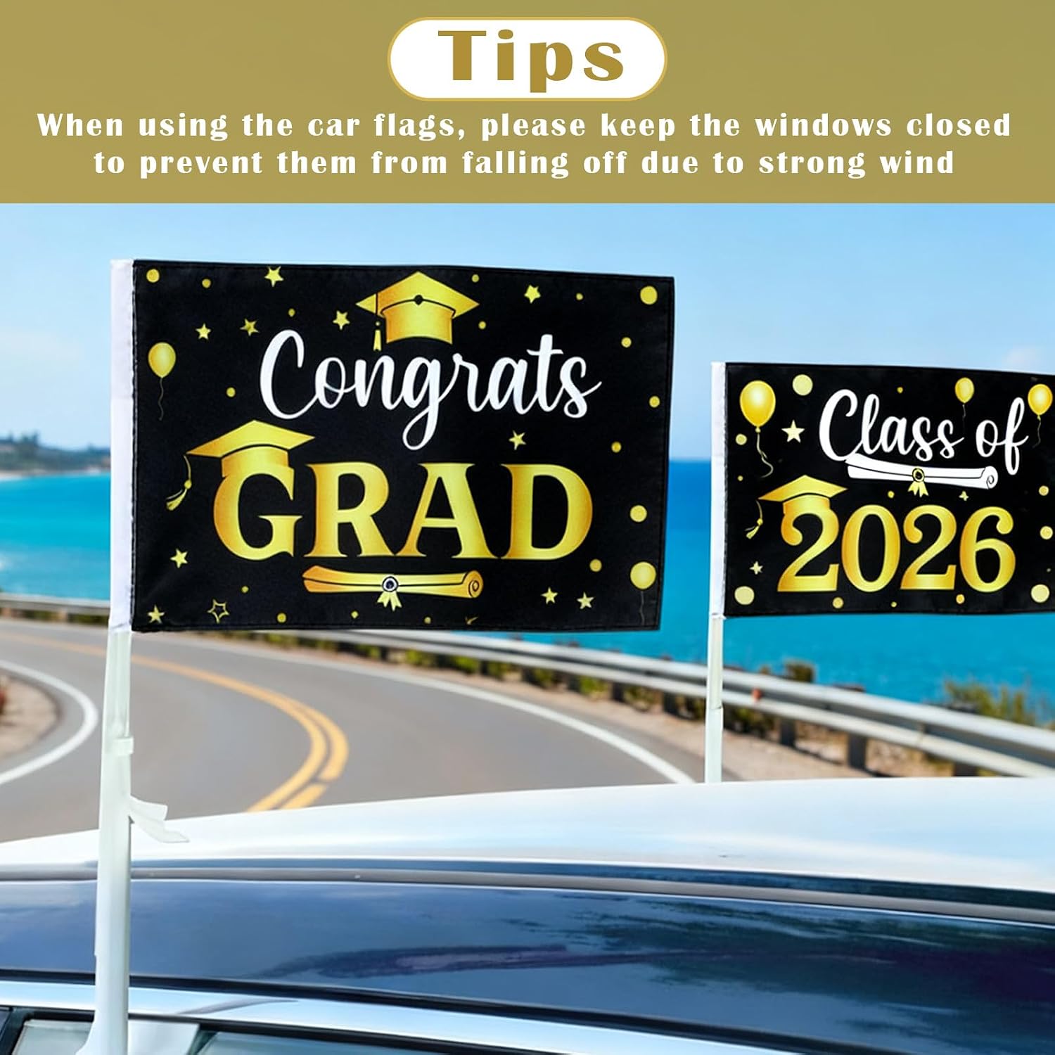 Moukeren 6 Pcs Graduation Car Flag Class of 2026 Graduation Car Decorations 12 x 8 in Double Sides Pattern Congrats Grad Senior Flags Banners Outdoor Parade Banner Signs with Flagpole Grad Photo Props