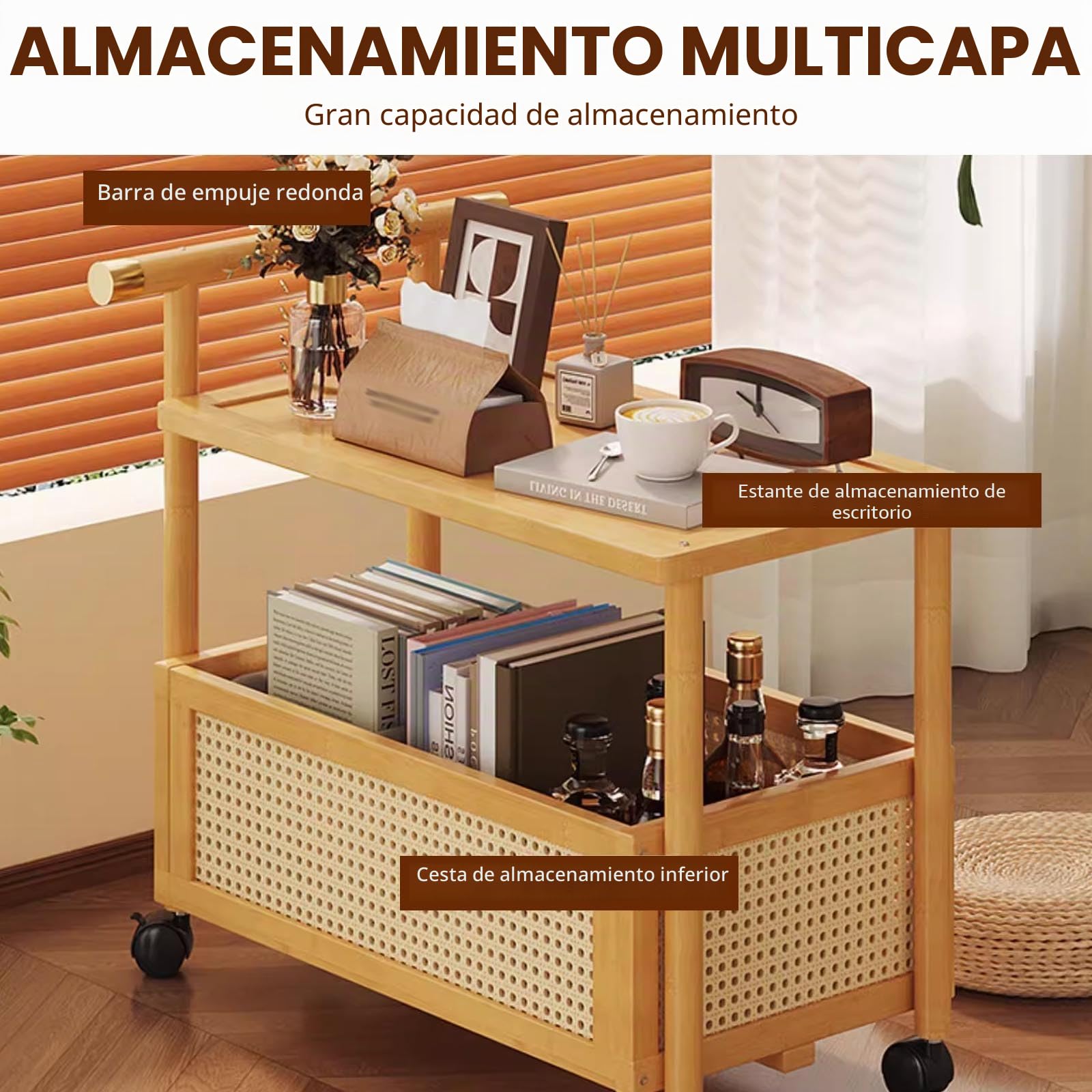 Mesa Auxiliar Salon Con Ruedas De Bambú Mesas Auxiliares for Espacios Pequeños for Salon End Table Con Almacenamiento for Salón Y Dormitorio,Diseño Estable Con Ruedas Silenciosas,Para Sofá Y Cama(Brow