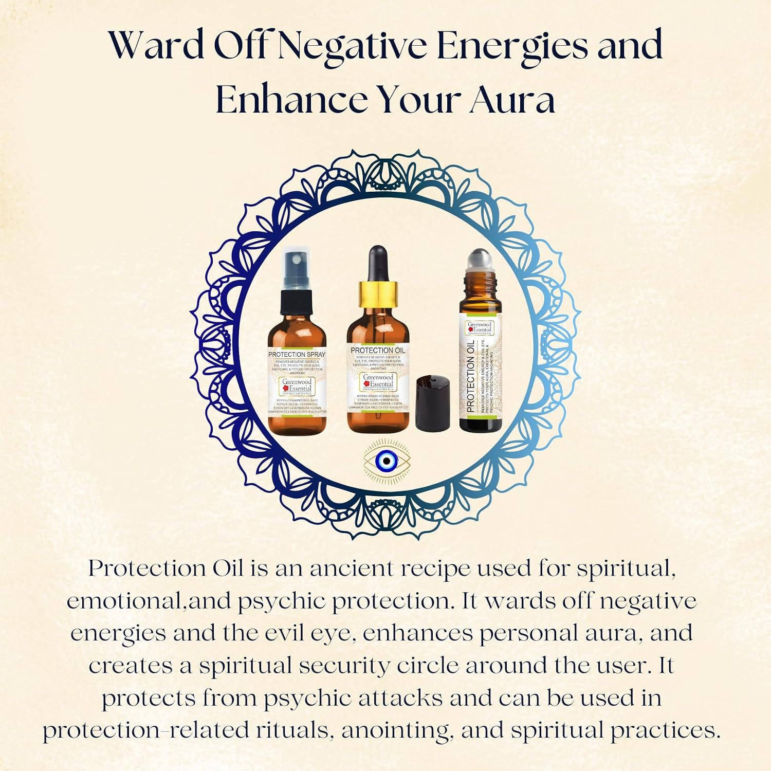 Greenwood Essential Protection Oil 5ml + Protection Oil Roll-on 10ml and Protection Spray 50ml - Essential Oil Blend to Ward Off Negative Energies & Evil Eye.