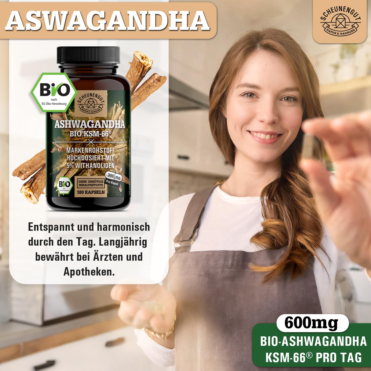 Ashwagandha KSM-66 BIO - 12:1 Extrakt (=3600mg reines Ashwagandha Wurzelpulver je Kapsel) MIT 5% Withanoliden -Ashwagandha Kapseln Hochdosiert- DE SCHEUNENGUT®