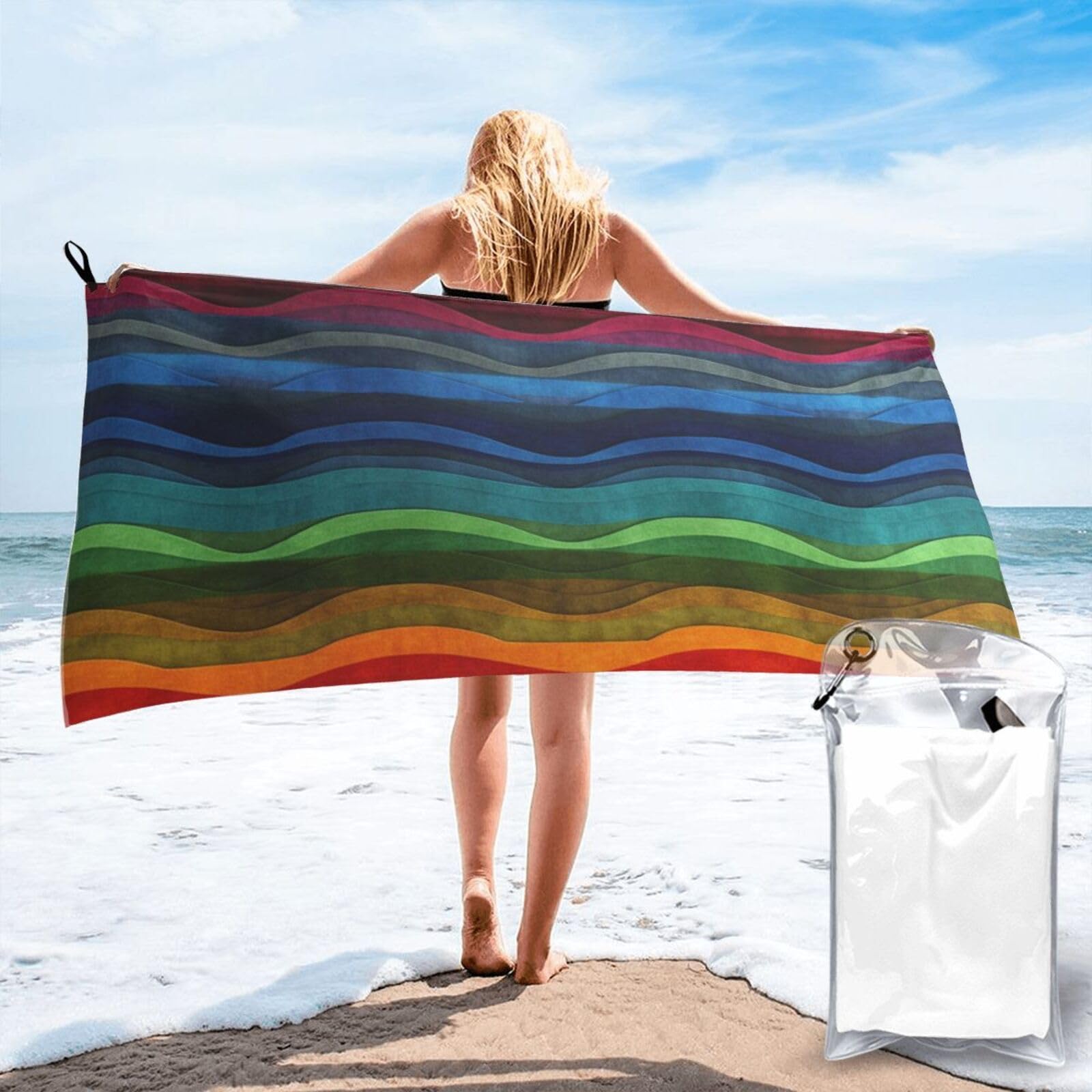 DWVTSLH Microfiber Sand Free Beach Towel 27.5"x55", Quick Dry Absorbent Travel Towel Large Camping Blanket, Rainbow Bath Towels Lightweight Pool Swim Towels for Vacation Essentials