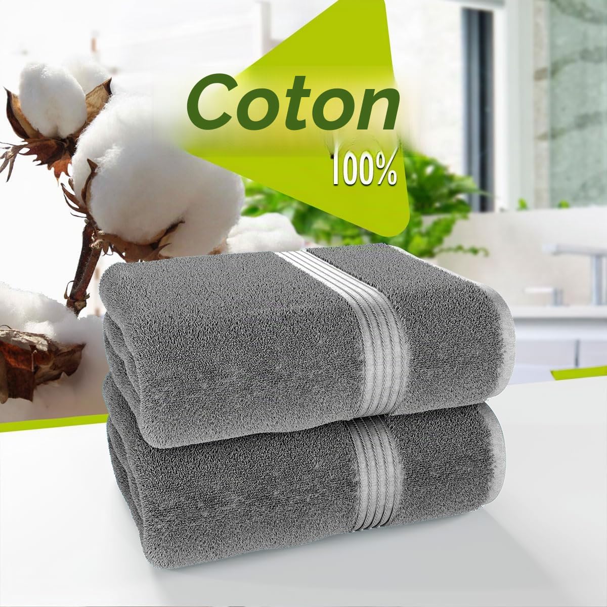 Lot de 2 serviettes de bain grises (130 x 70 cm) - 700 g/m² draps de bain en coton égyptien super absorbant - Séchage rapide - Qualité hôtelière - Serviettes de salle de bain pour la maison, le