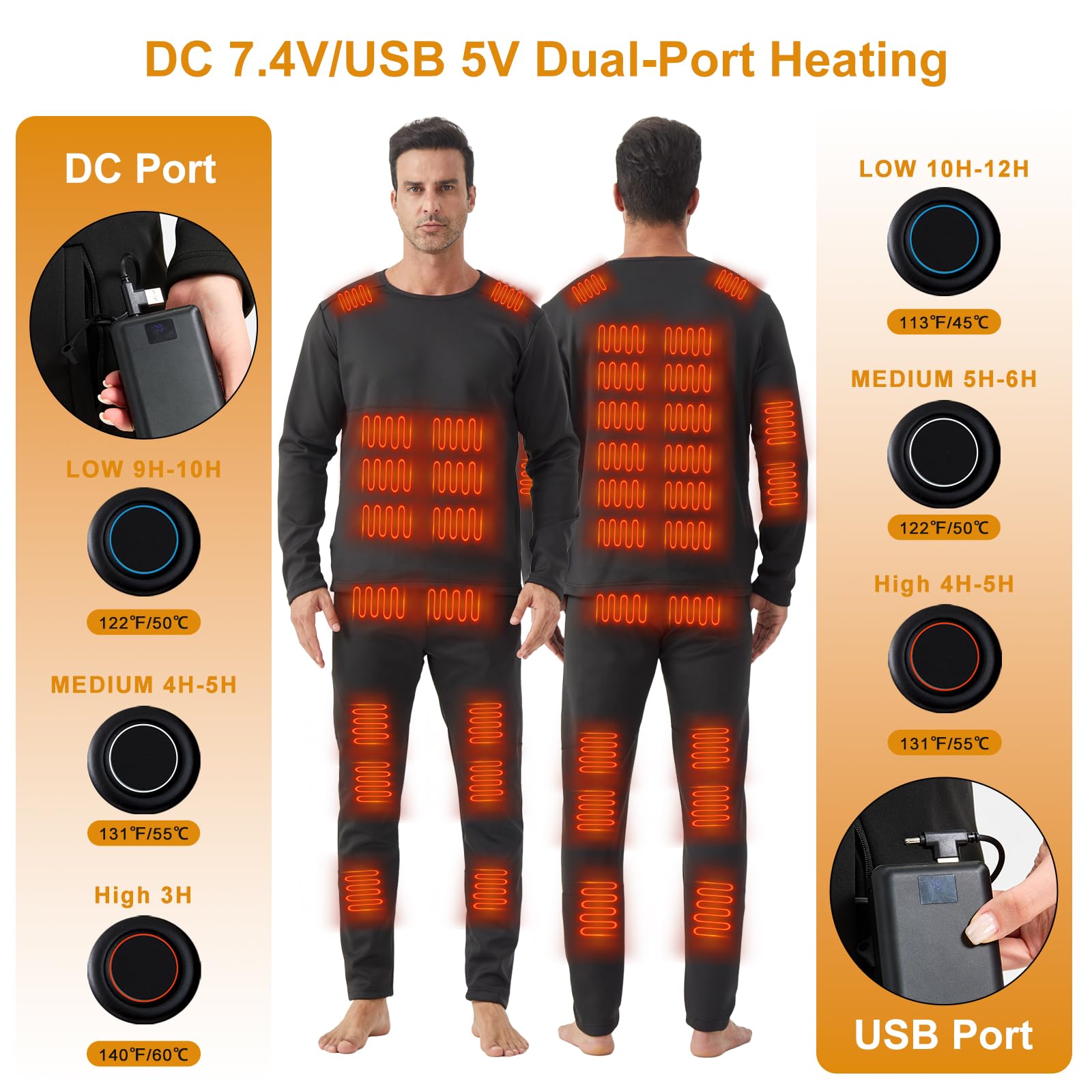 sous Vêtements Chauffants, 42 Zones Ensemble de sous Vêtements Thermiques Chauffants Électriques avec Batterie, Fonctionnel Ensemble de sous-Vêtement Ski Chauffants pour Hiver