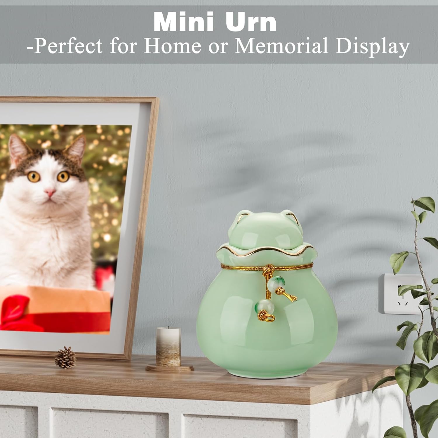 SOITIS Pet Memorial Urn for Cat or Dog Ashes - 3.54"x3.15" Elegant Ceramic Keepsake Holder with Pet-Shaped Lid & Gold Trim, Small Cyan Urn for Pet Ashes - Image 3