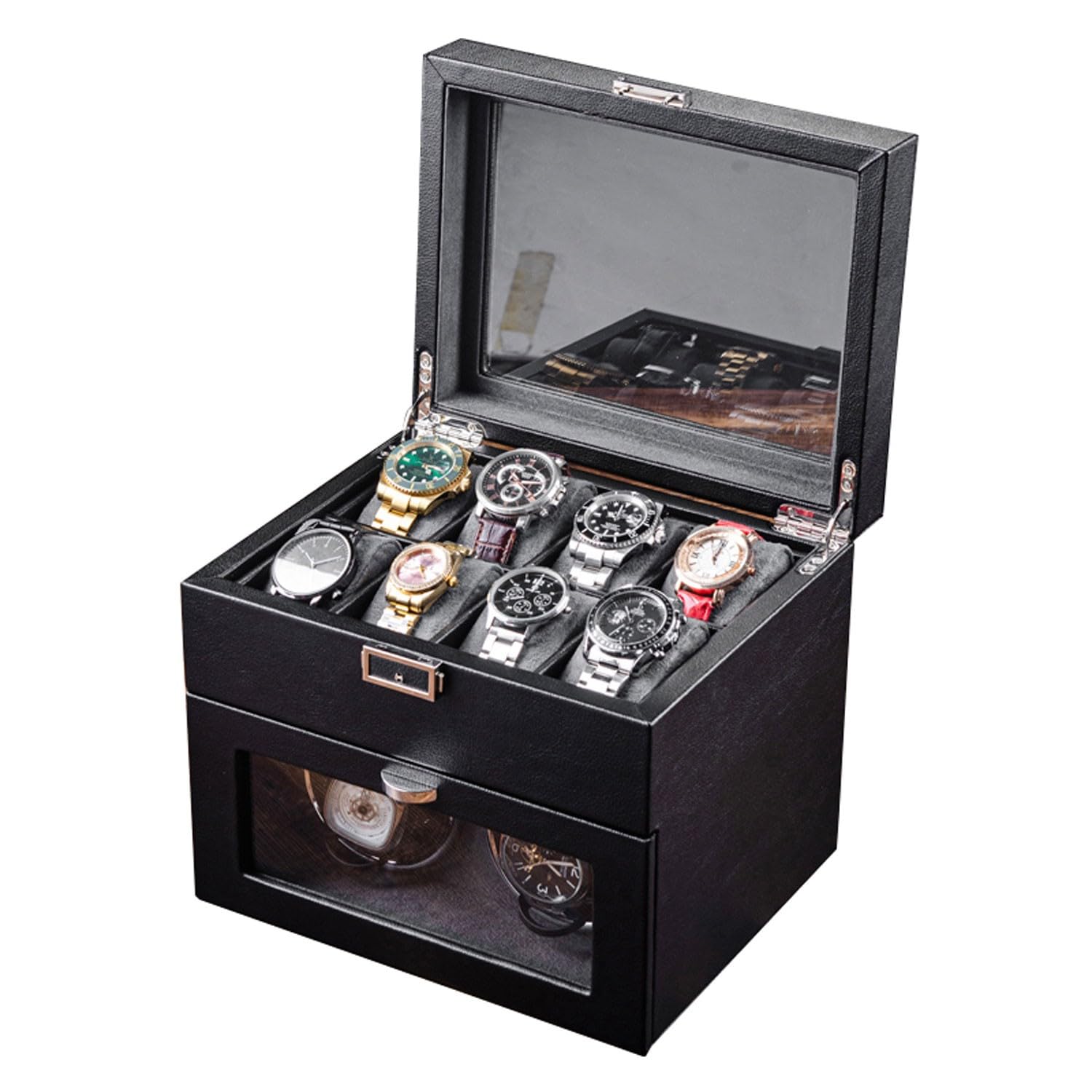 Remontoir de montres automatique a double compartiment et eclairage integre