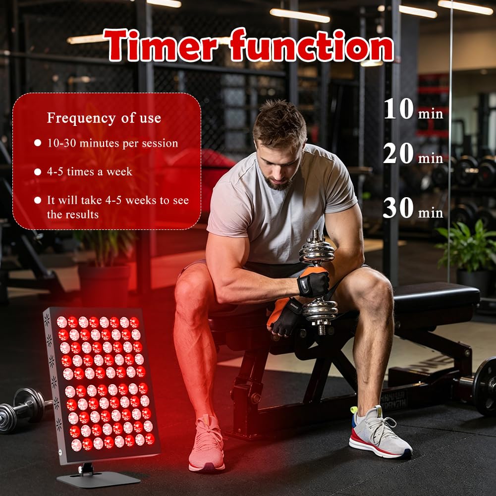 Panneau de lampe à lumière rouge 80 LED, 62 W 850 nm et 660 nm, lampe infrarouge Red Light Therapy avec 5 niveaux de luminosité et minuterie de 10/20/30 min, angle de lampe infrarouge réglable