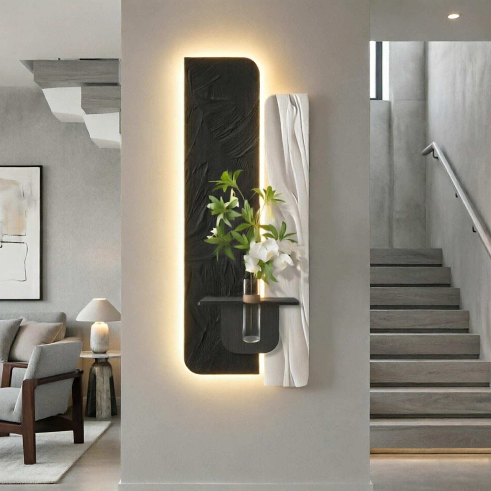 SYXHJTFZ Modern 3D Sandstone Textured Wall Art with LED Lights, Borderless Featuring Artificial Plants Vase for Entryway Hallway Home Decor(C,50 * 150cm/19.7 * 59.1in)