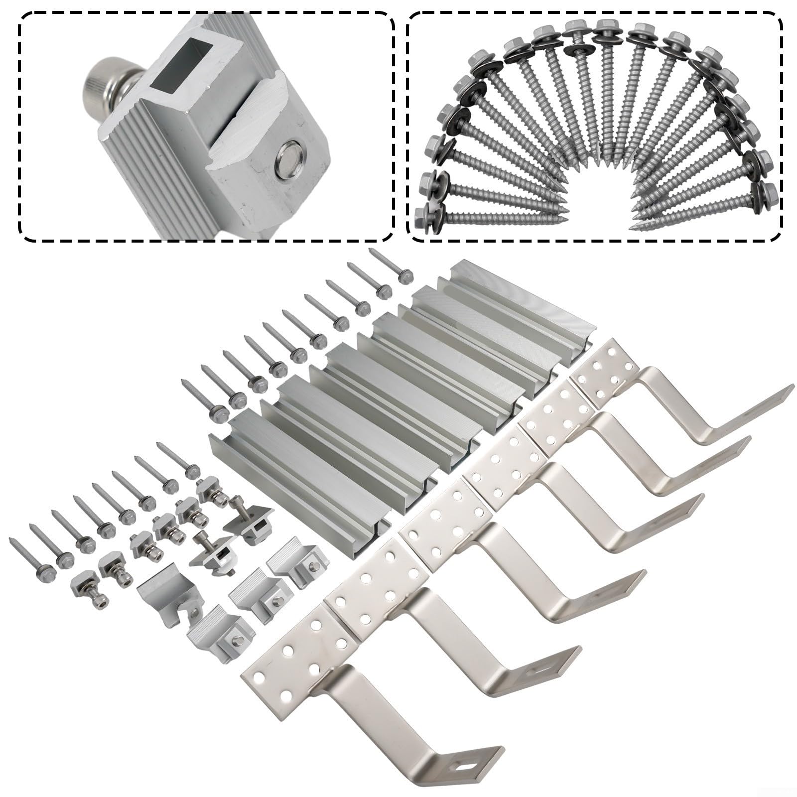 Kit di montaggio per pannello solare, tetto in mattoni, guide in lega di alluminio 6005 con morsetti terminali e ganci, compatibile con moduli fotovoltaici da 30 mm e 35 mm, finitura argento (set 2