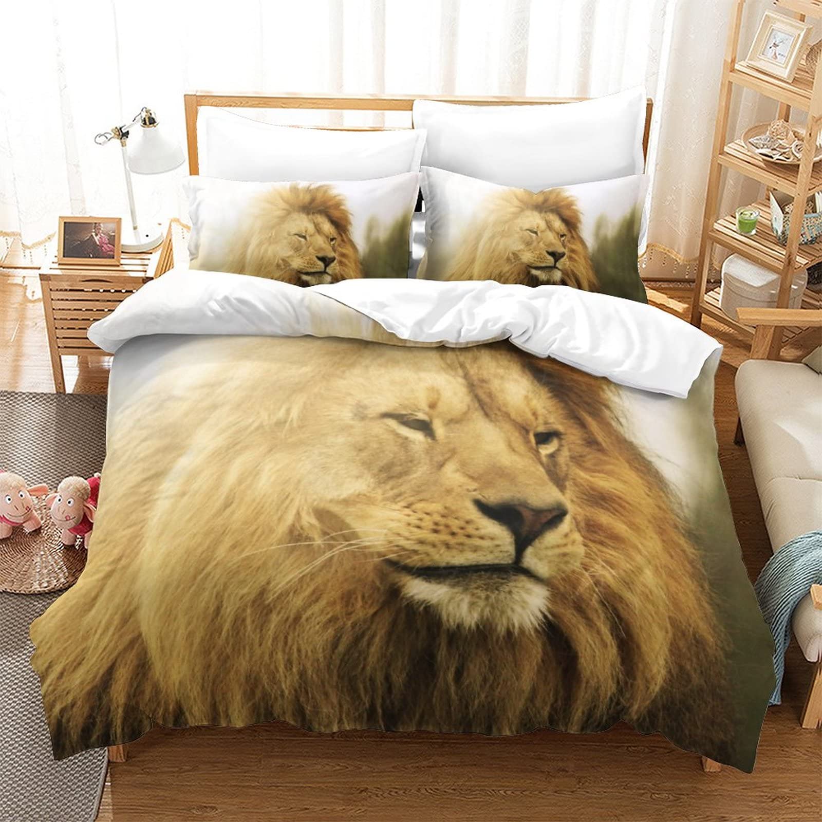 Housse de couette lion 3D 220x240cm, parure de lit microfibre douce king pour chambre