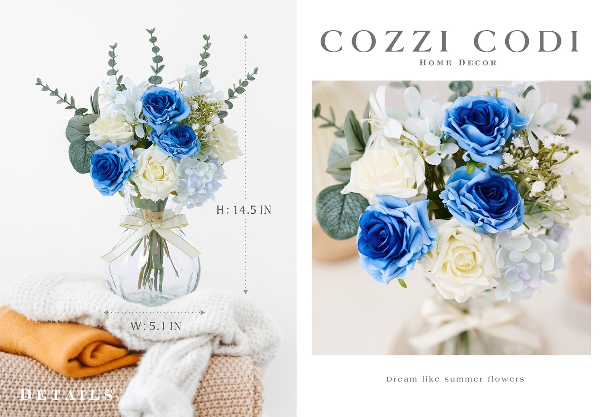 COZZI CODI Fake Flowers Artificial Blue White Roses Flower with Vase, Faux Silk Flowers Plants Decor for Home, Dining Table Decoration, Bathroom Decor, Living Room Coffee Table Decor