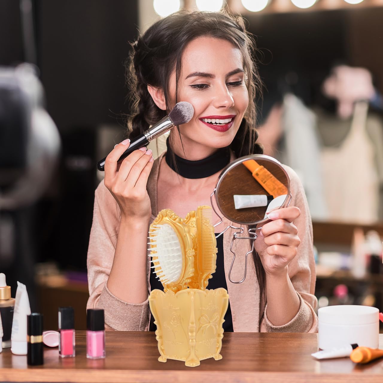 Salon Hair Brush Comb Set with Storage Holder 5-Piece Vanity Mirror Brush Comb Set for Detangling Wet Dry Hair Scalp Massage Desktop Organizer for Women Men Kids
