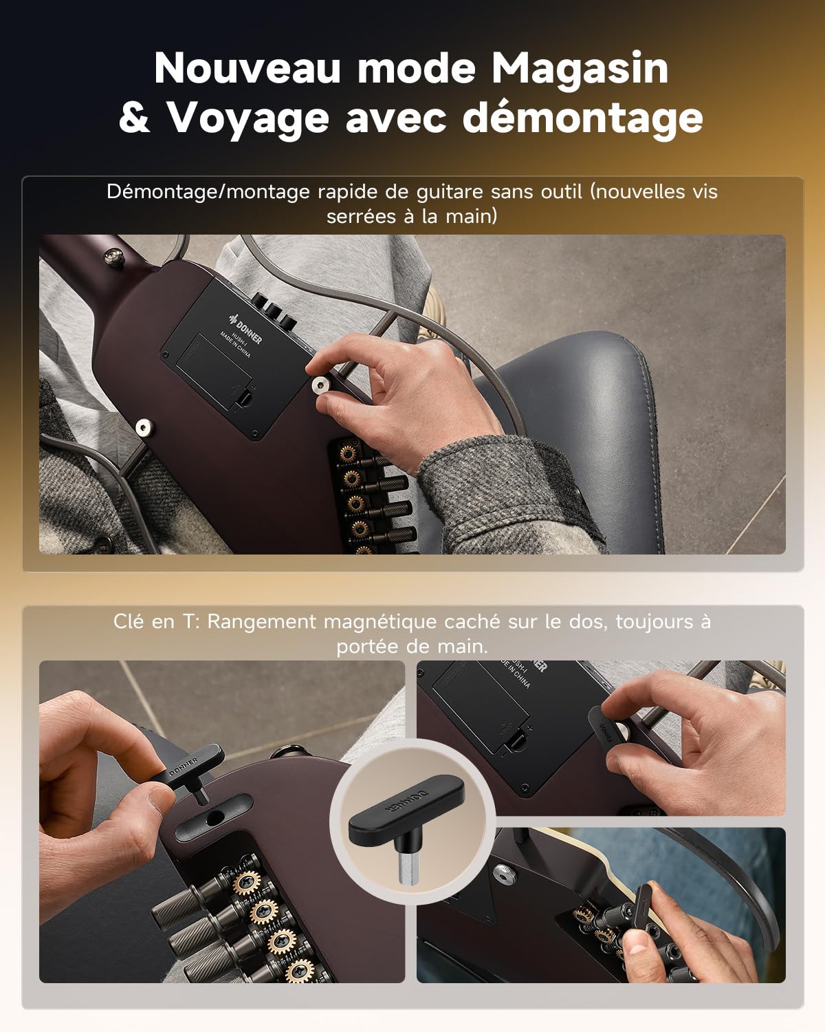 Donner HUSH I EVO2 Guitare Acoustique-Électrique de Voyage, Ultra-Légère, Sans Tête, avec Accordeur Intégré, Supports Amovibles et Sortie Casque – Sunburst