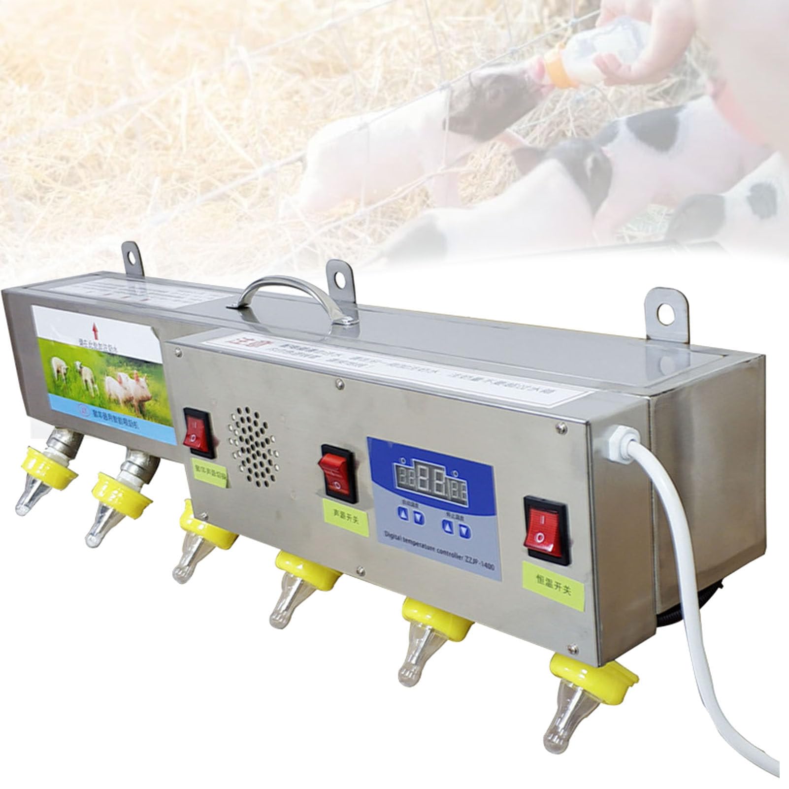 Oiyekntd Multicolor Piglet And Lambs Automatic Constant Temperature Milk Feeder, Stainless Steel 6 Nipple Lamb Piglet Feeding Station, Suitable For Farms And Ranches, With Sound Simulation