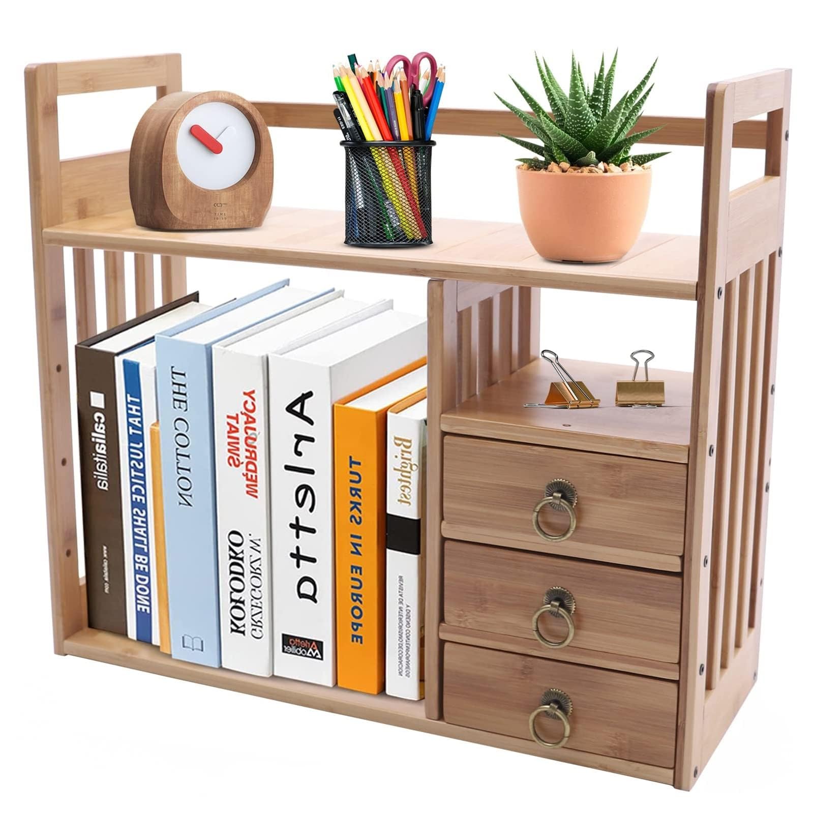 Estante Librería De Sobremesa - Estantería Pequeña De Sobremesa, Con Estantería De Mesa De Bambú De 3 Cajones, Estante De Exhibición De Almacenamiento De Juego De Té Para Sala De Estar