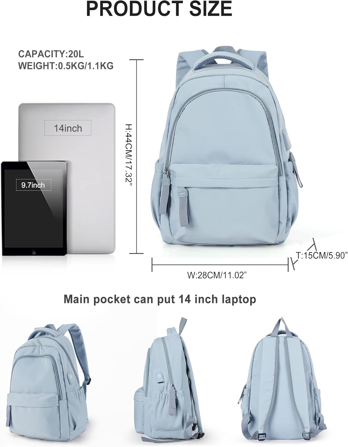 winspansy Small Backpack For School Girls Boys Aesthetic Lightweight Travel Daypack Simple Cute Backpack For Women Men College High School Bookbag Fit 14 Inch Laptop With USB charging port,Light Blue - Image 2