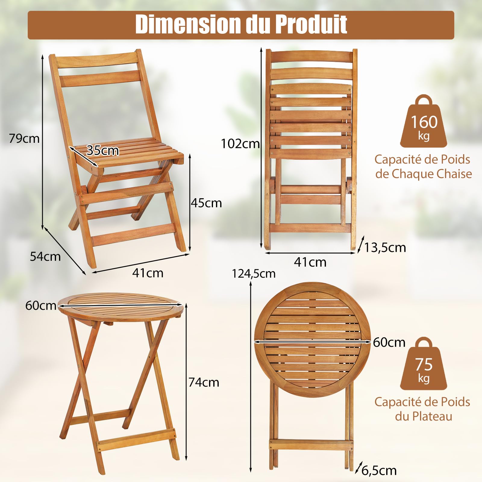 Giantex Table de Jardin Exterieur avec Chaise, 1 Table Ronde et 2 Chaises Bois d'Acacia avec Dossiers, Ensemble Meuble Extérieur, Salon de Jardin 2 Personnes, Table et Chasie Pliantes pour Balcon