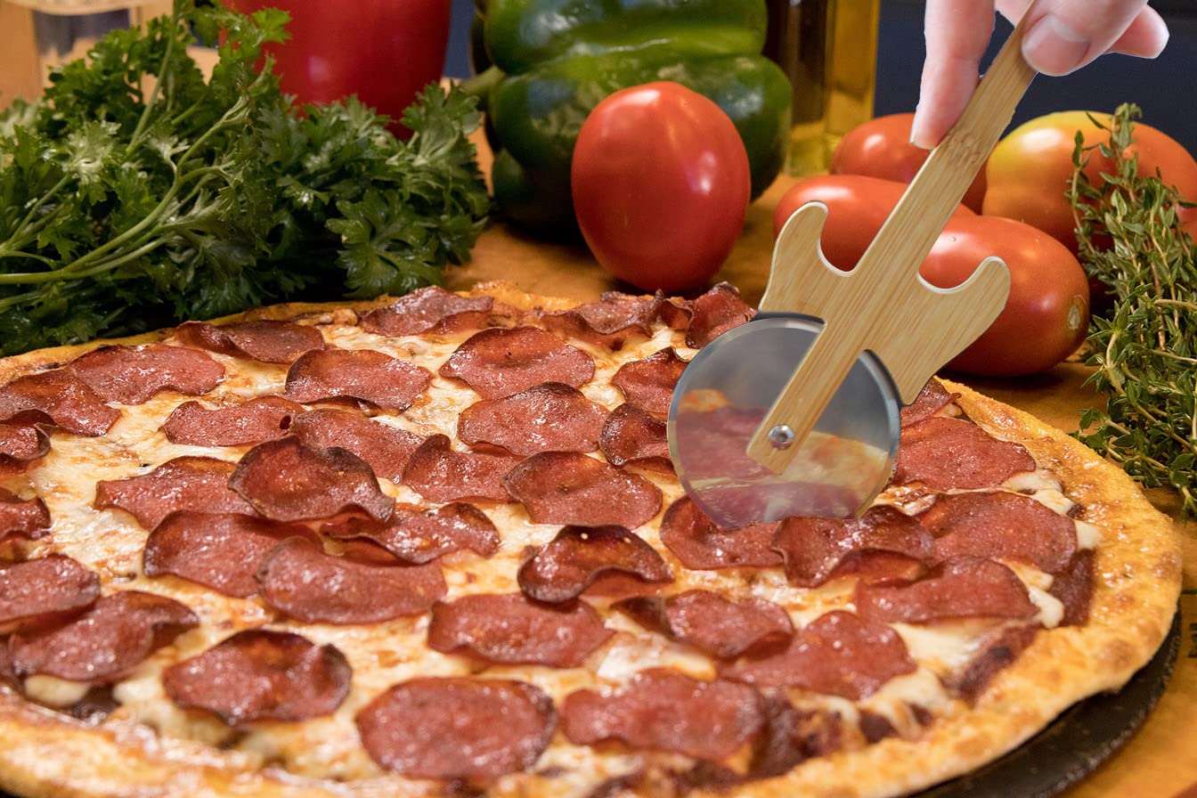 Nóż do pizzy do gitary | fajny nóż do pizzy dla gwiazd rocka | wałek do pizzy ze stali nierdzewnej i drewna | wałek krawiecki o wyglądzie gitary | prezent dla muzyków na Boże