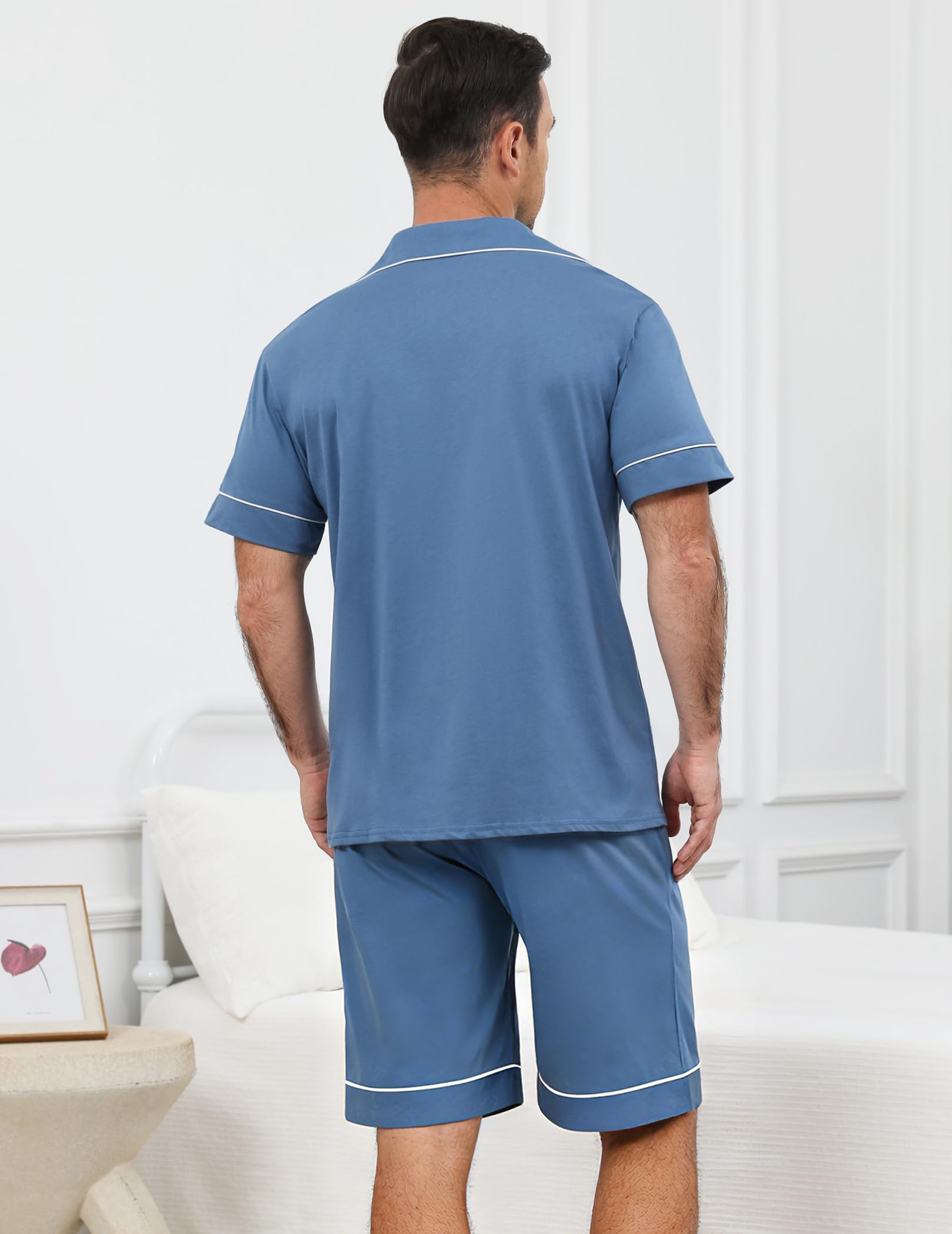 Pijama Hombre Corto Algodon para Verano, Ropa de Dormir Dos Piezas, Conjunto Manga Corta Camiseta Abierto Delante con Botones y Shorts con Bolsillos, Suave y Cómodo Pijamas para Salir S-XXL