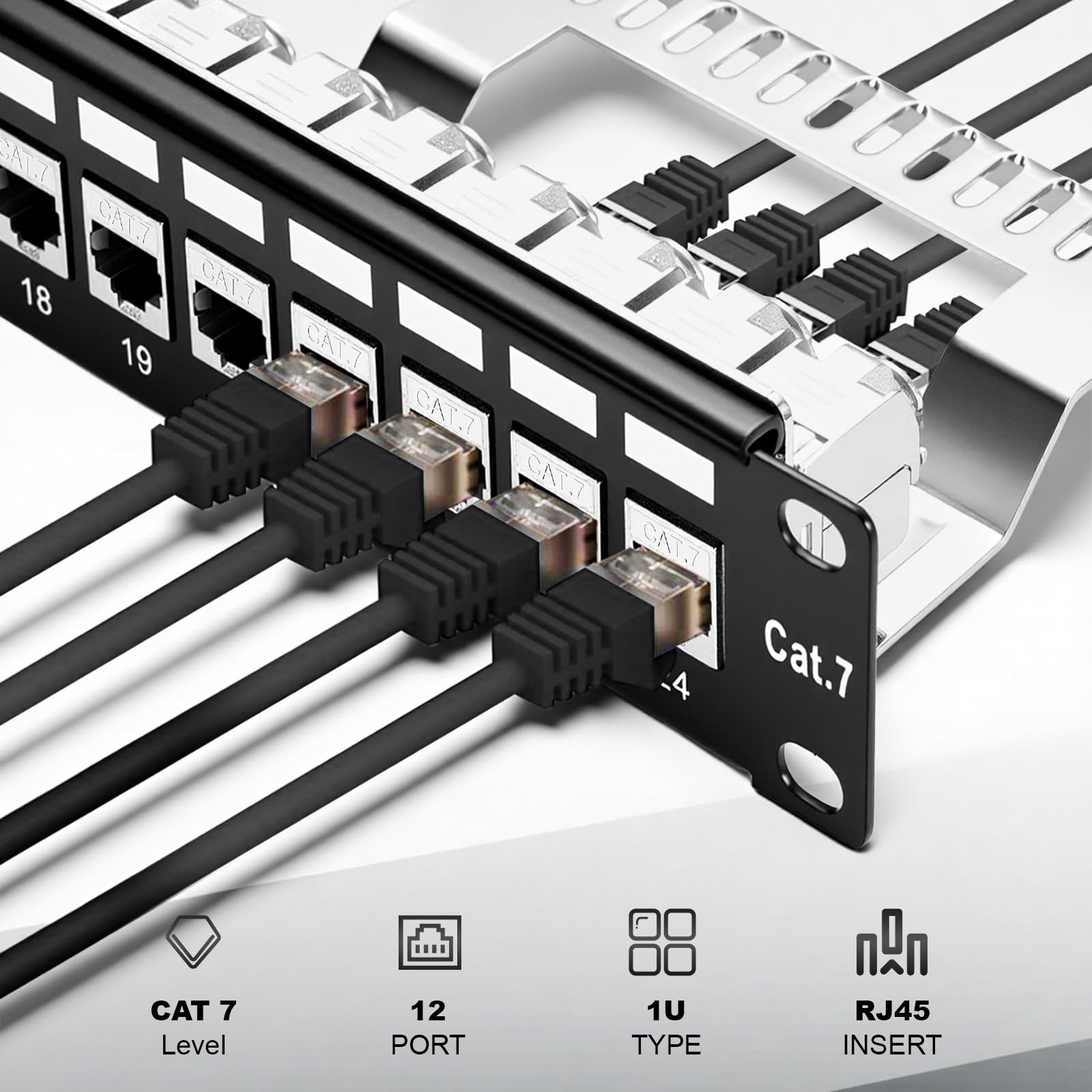 Panneau de brassage 24 ports CAT7 1 U 19" - Montage en rack - Blindé - Compatible avec les modules Keystone (CAT5/CAT6/CAT7/CAT8) - Pour réseau 10 Gbit/s - 600 MHz - Noir - Boîtier vide à