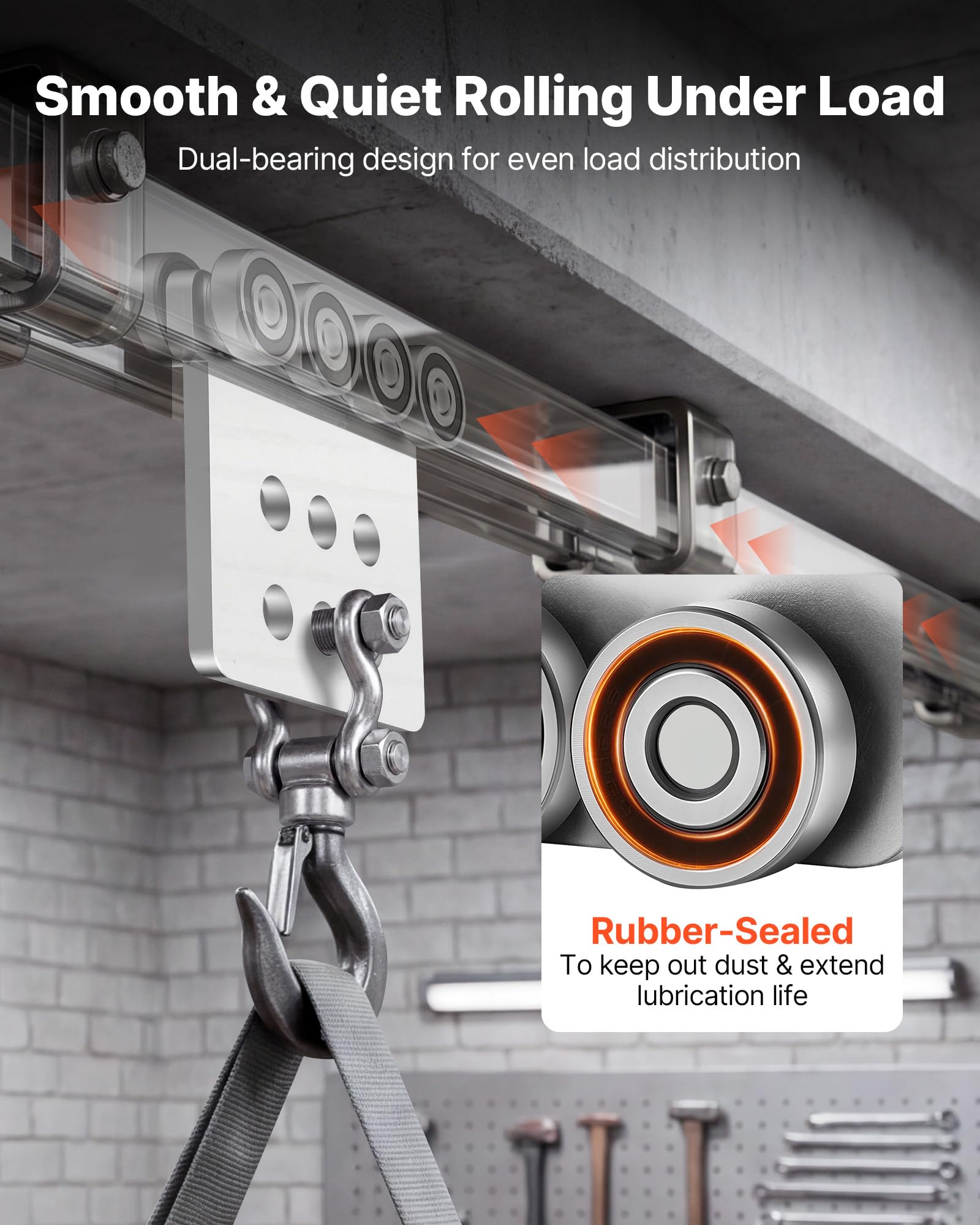 VEVOR Rulli per Trave a C Sistema a 8 Ruote Kit 4 Pezzi Carico Max 1361 kg, Carrello a Rulli per Paranco Elettrico, Ruota con Doppio Cuscinetto, per Profilati 1-5/8'', Uso Industriale Magazzino Garage