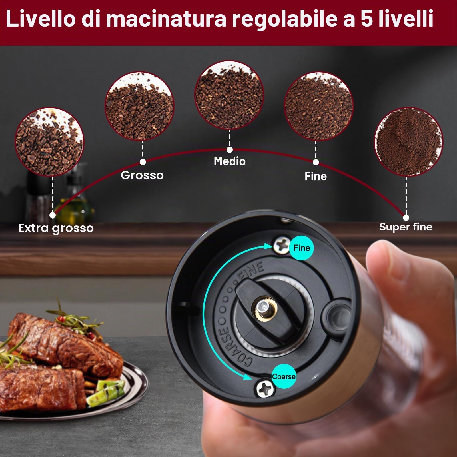 Macina Pepe Elettrico, [2 Pezzi] Macina Sale e Pepe Automatico in Acciaio Inossidabile, Macinapepe Ricaricabile, Funzionamento con Una Sola Mano, Ruvidità Regolabile, KYMQ-37A