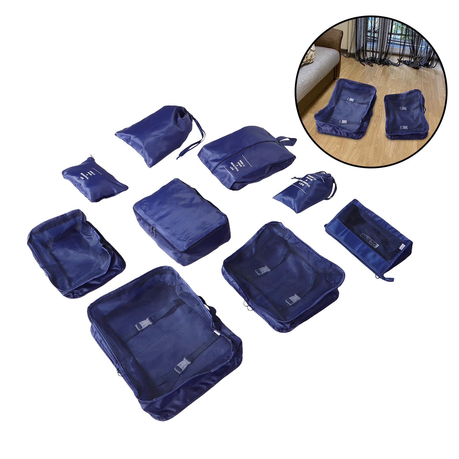 Abaodam Set 9 Pezzi Organizer da Viaggio in Nylon e Rete Leggero per Valigia Doppia Tasca e Sacchetto Cosmetico per Organizzazione Efficiente Bagagli