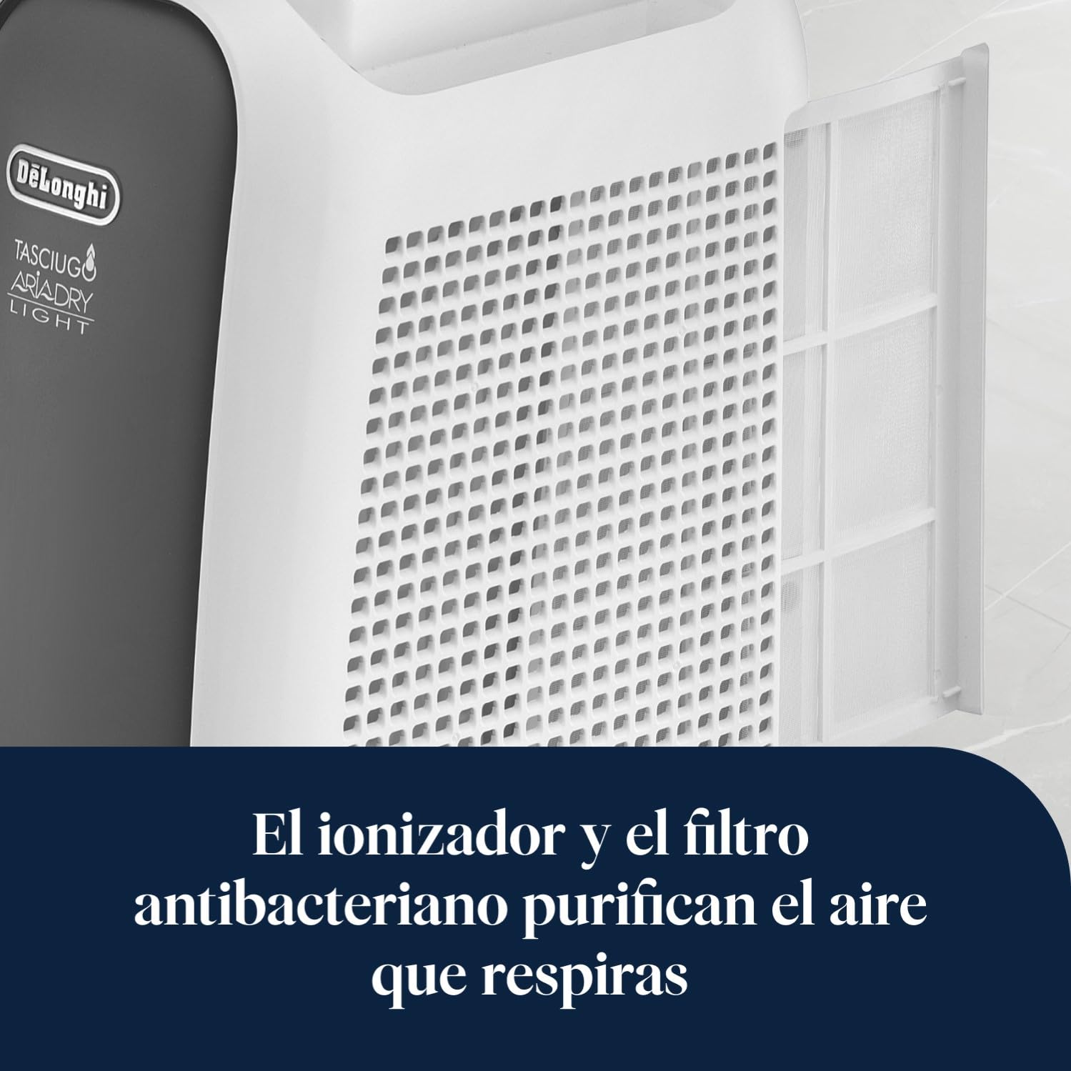 De’Longhi Tasciugo AriaDry Light - Deshumidificador portátil con tecnología Zeolite e ionizador, Elimina hasta 6 L/día, seca la ropa, anti-moho y silencioso, Función swing y temporizador, Gris (DNS65)